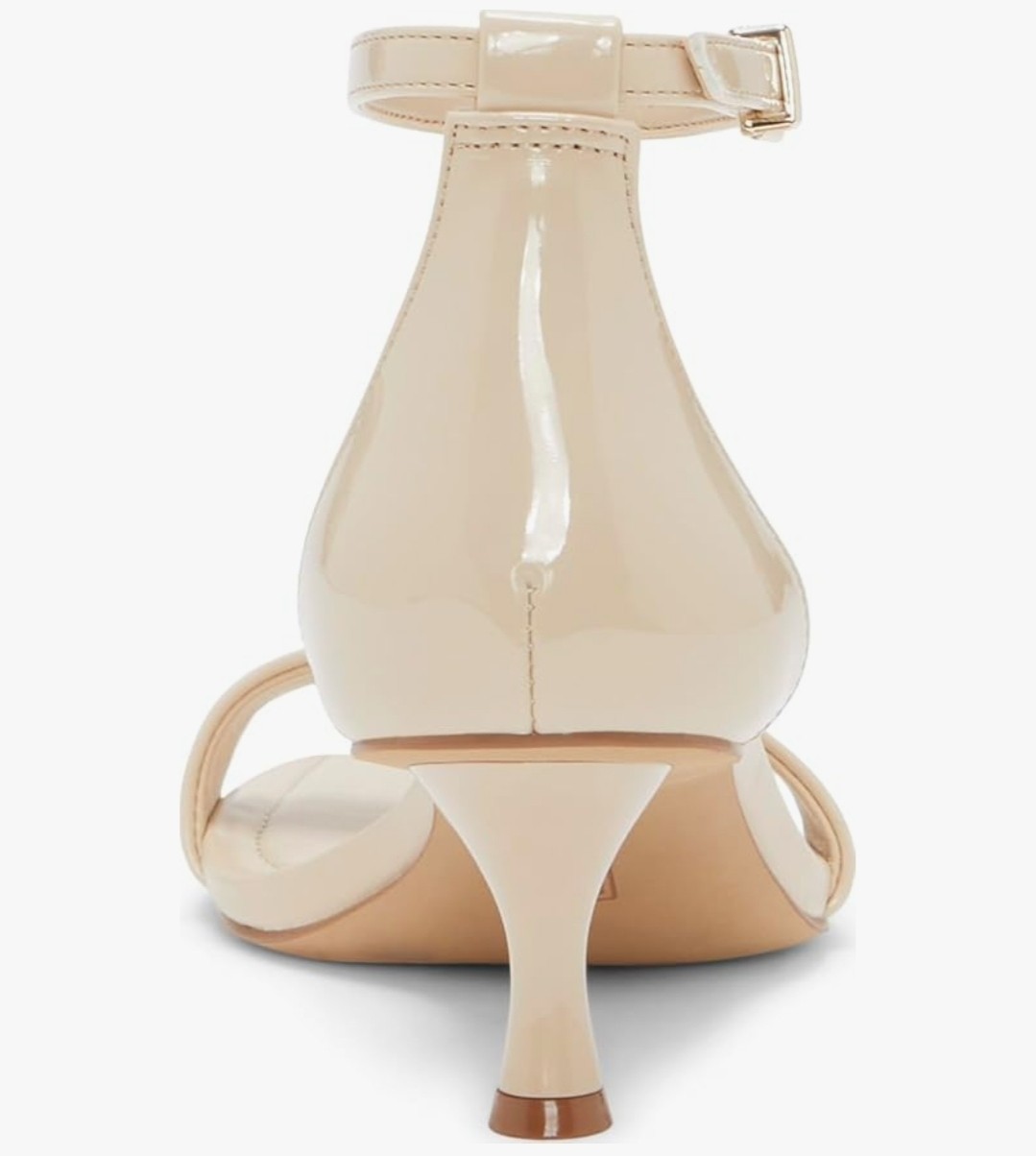 Vince Camuto Sz 5.5M Vinkely Square Toe Kitten Heel Sandals Café Patent Leather