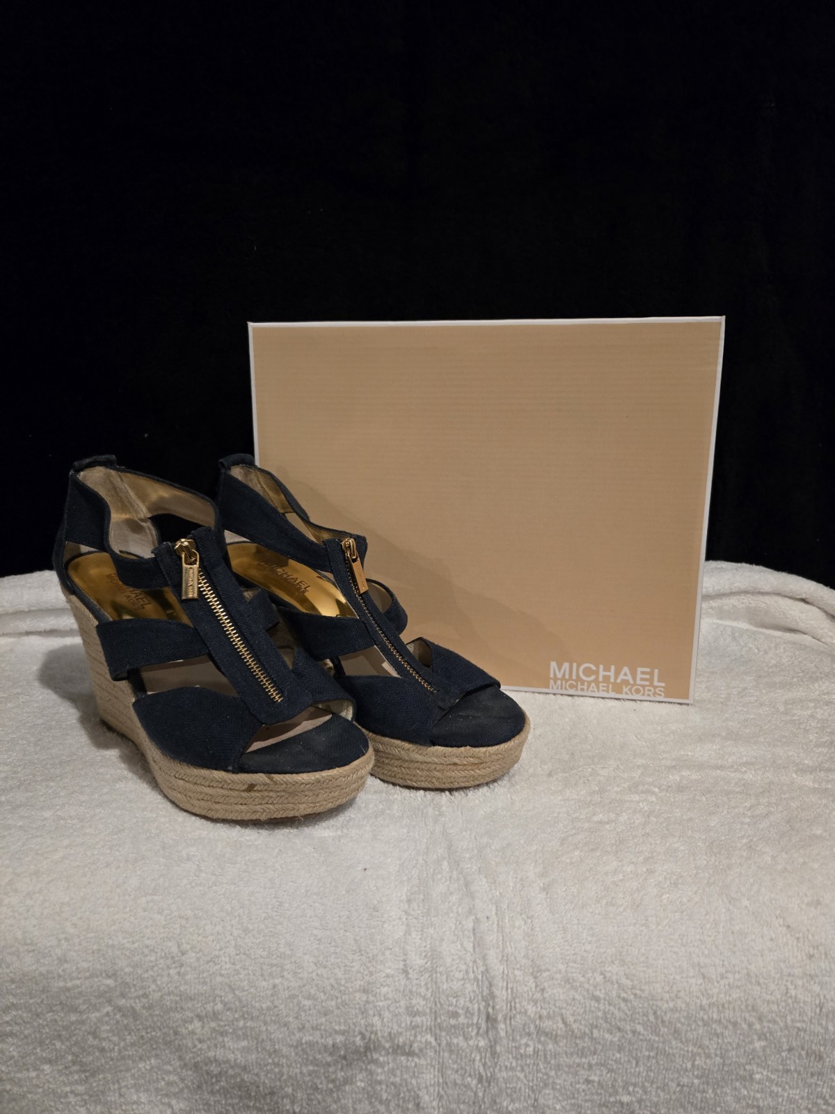 Michael Kors 9M Berkley Wedge Espadrille Canvas Sandals Navy Blue Zipper