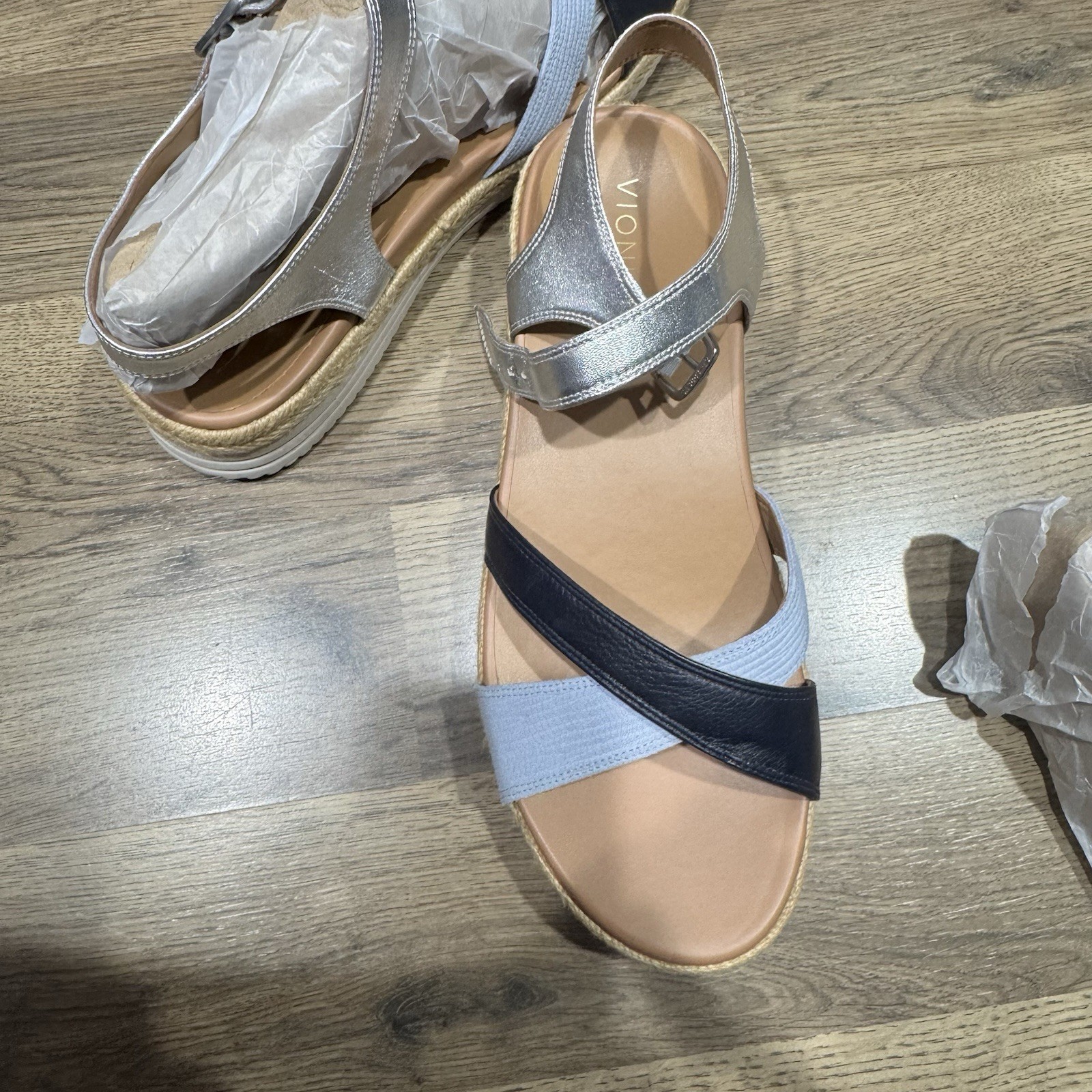 Vionic Mar Navy Multi Leather Platform Espadrille Orthotic Sandals Womens 12 NEW