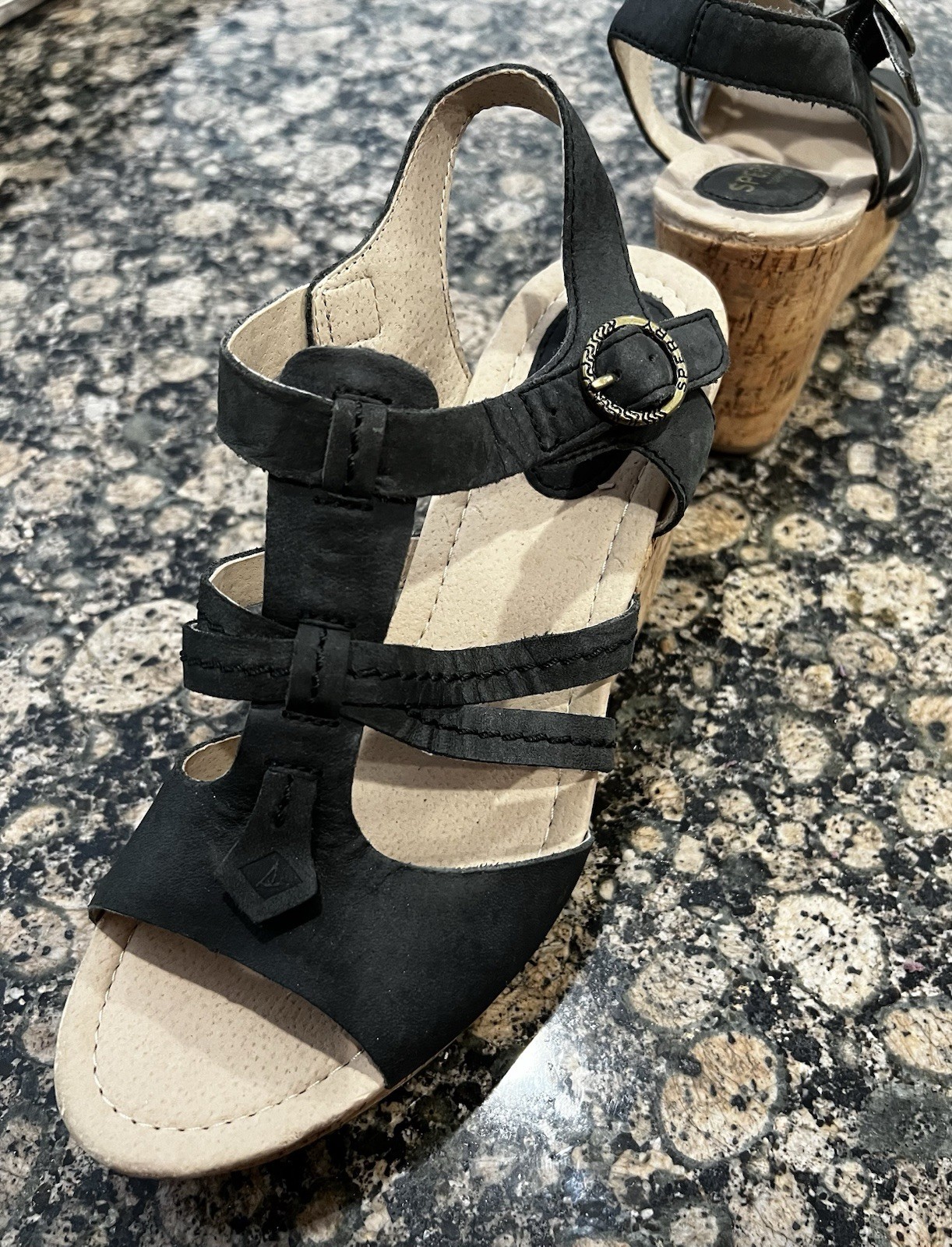 Sperry Top-Sider Women’s Strappy Wedge Sandals Leather Buckle Black/Beige 8M