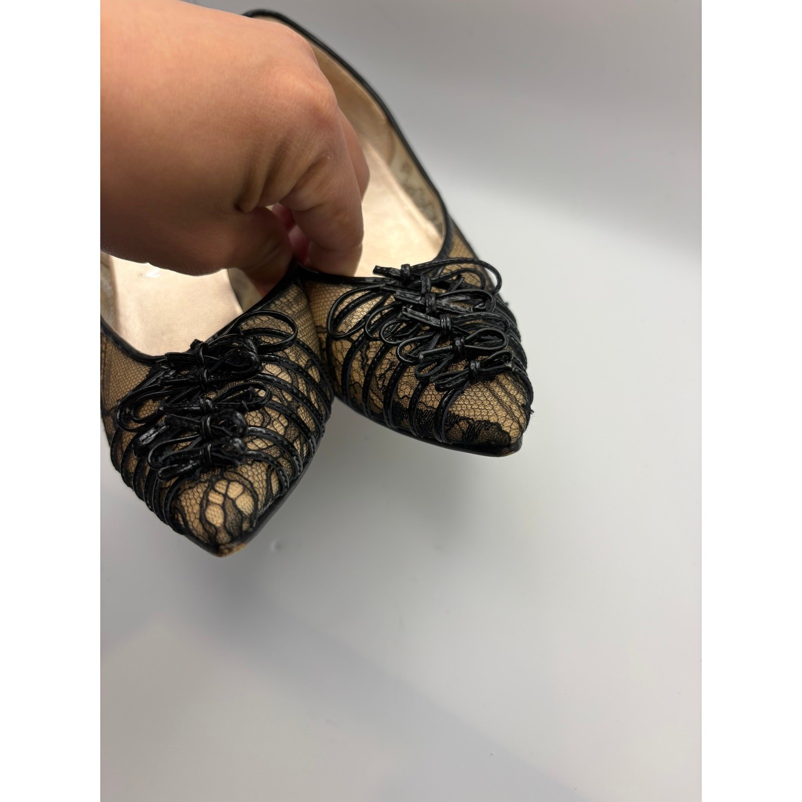 Rare Michel Perry Lace Mesh Pumps 36.5 Black Nude Kitten Heel Pointed Y2K Italy