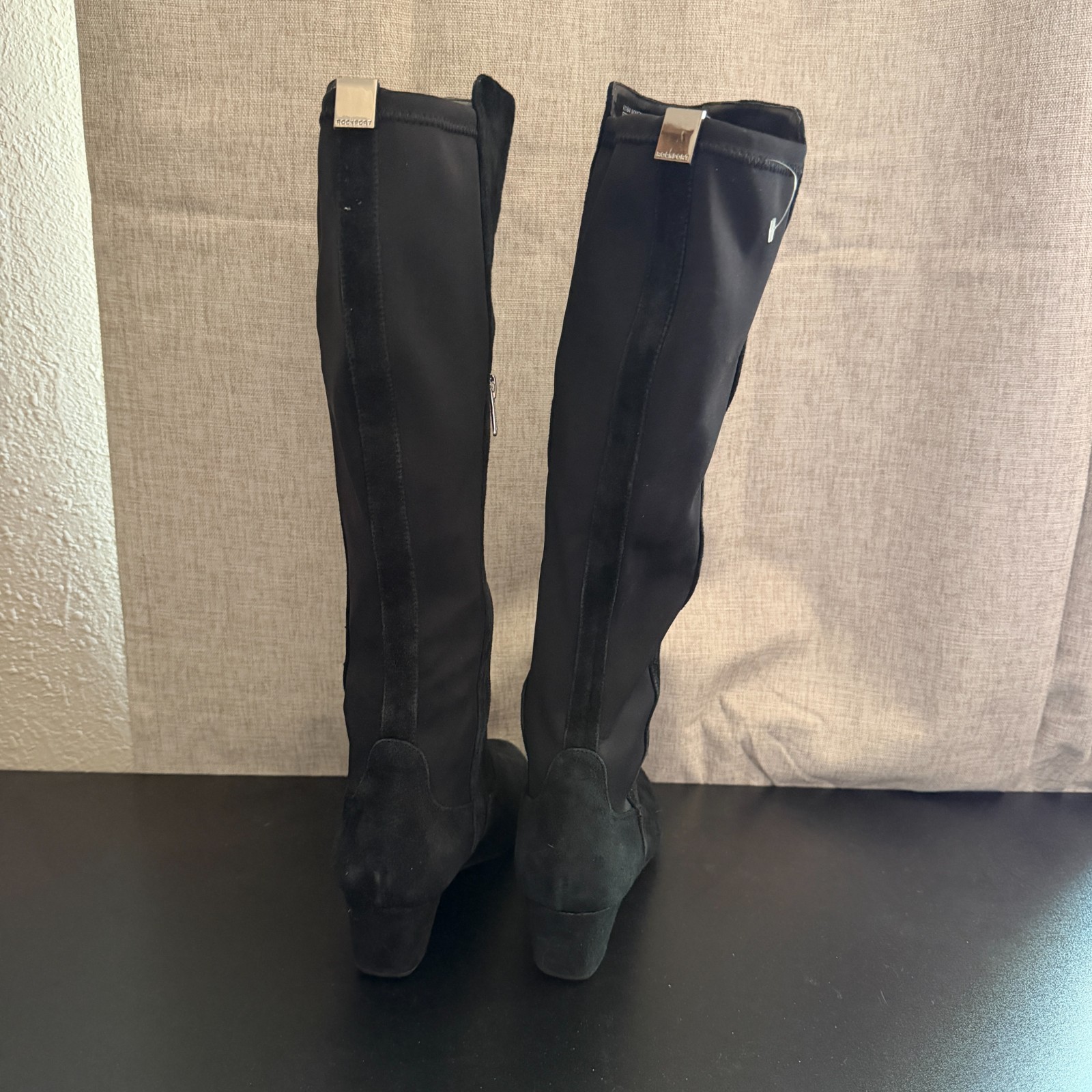 Rockport Knee High Boots Women’s 6.5 Black Suede Stretch Calf Wedge Heel Comfort