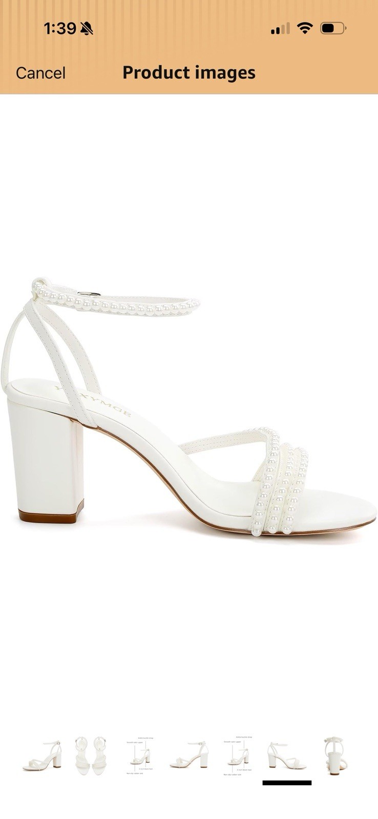 YAYNIGE Ivory Satin Pearl Beaded Ankle Strap Open Toe Buckle Heels 8.5