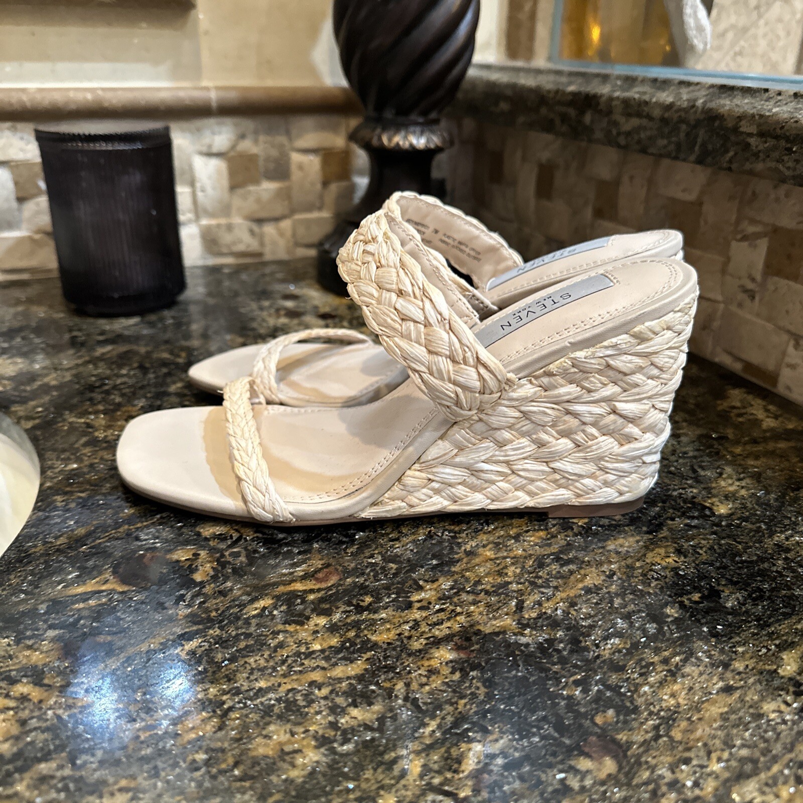 Steven New York Raffia Wedge Sandals Slide Cream Vacation Heels Women’s Size 7