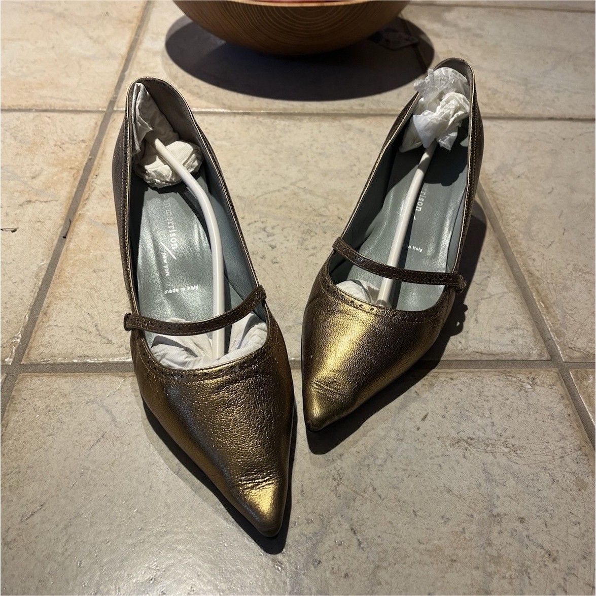 Sigerson Morrison Strap Silk Bronze Kitten Heel Pointed Toe Pump 7.5