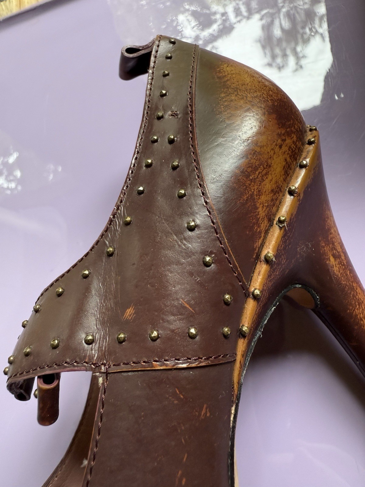 Derek Lam Studded Tan Brown Leather High Heels Western 38 US 7.5 Boho 4 Inch