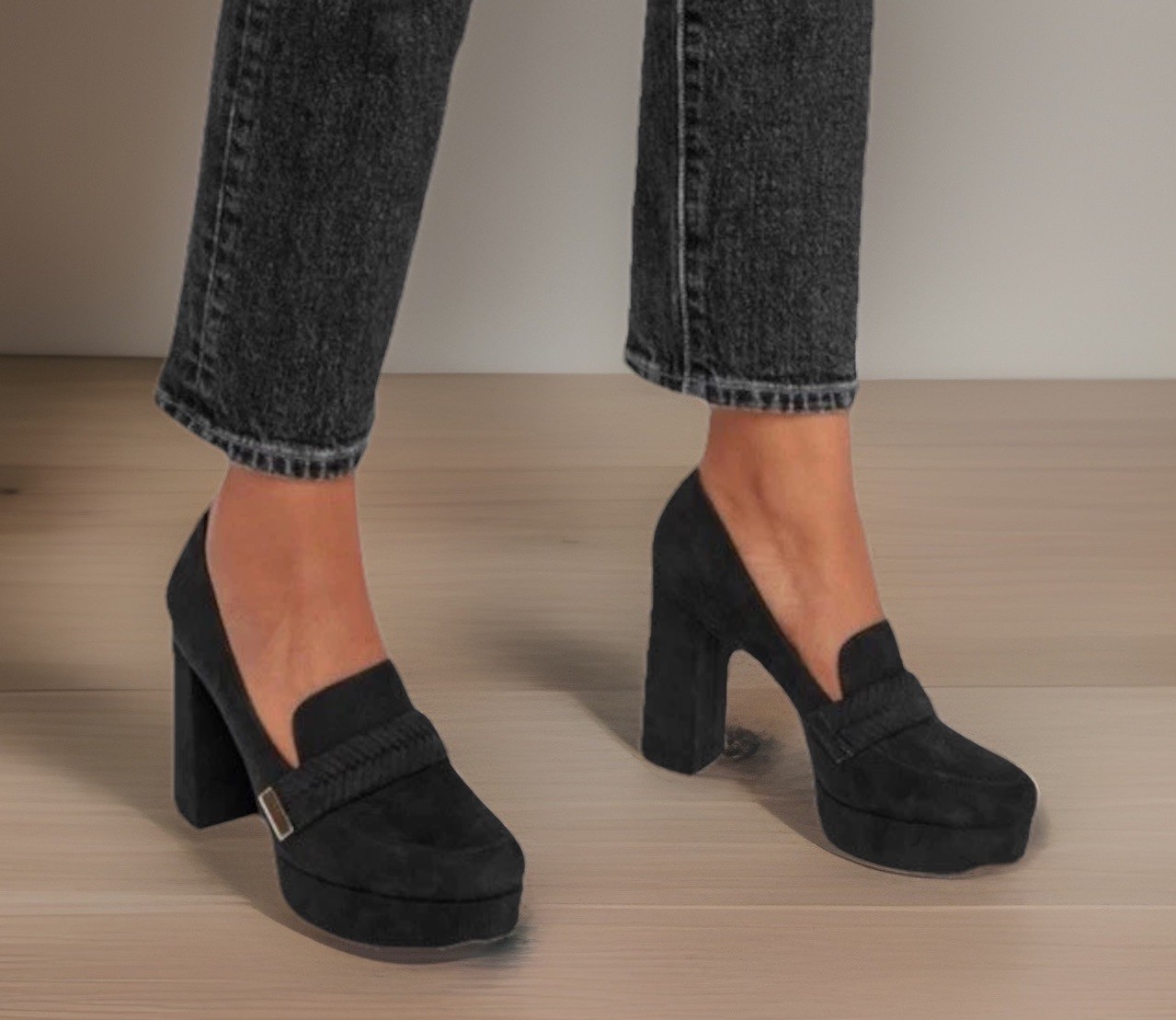Just Fab Adele Braided Loafer Platform Court Shoes 4” Heel Faux Suede 9.5 Black
