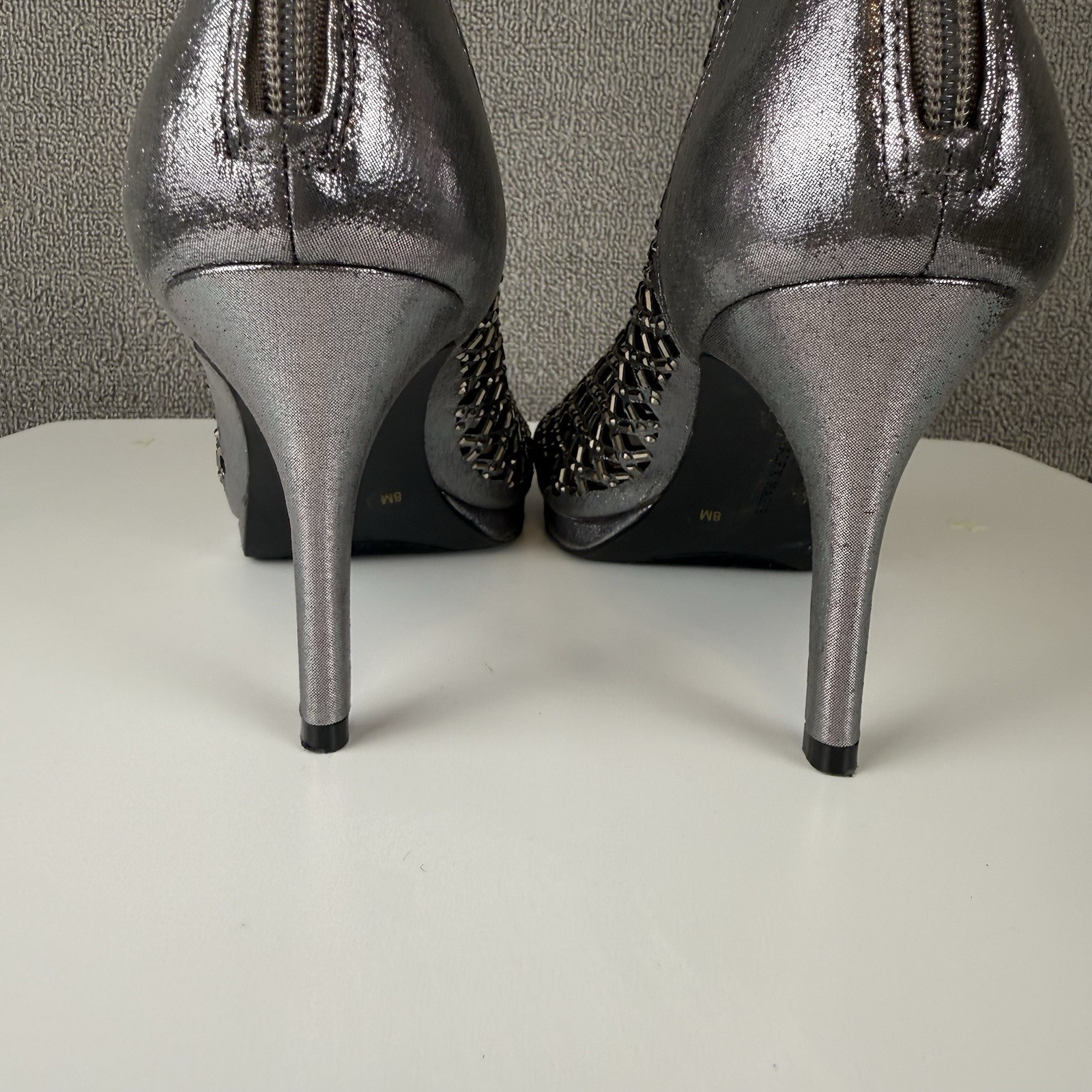 Alex Marie Silver Rhinestone Peep-Toe Stiletto Booties Wedding Party Glam Sz 8M~