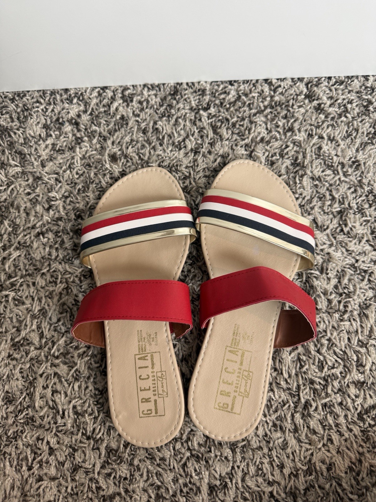 Grecia Women’s Red Striped Strappy Slide Sandals Slip-On Flat Casual