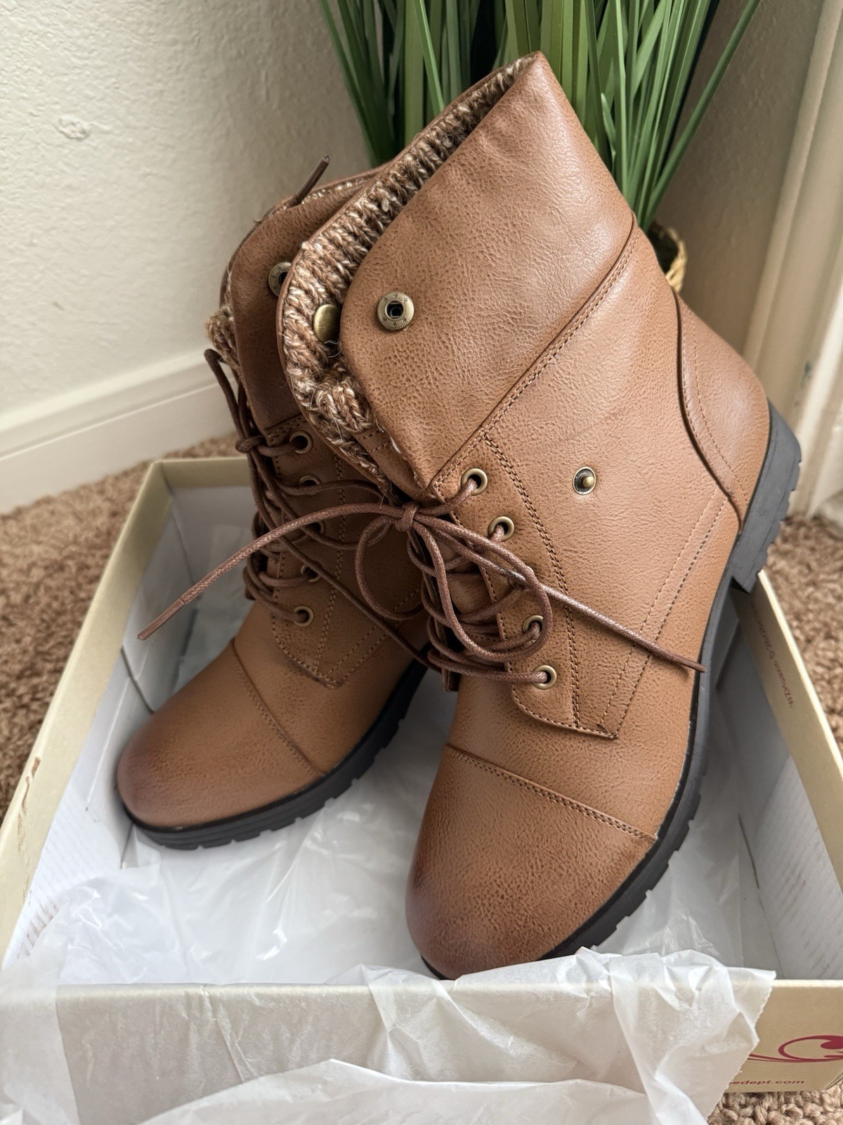 Jessica Cline Women’s Brown Leather Lace-Up Ankle Bootie Knit Cuff 9.5M