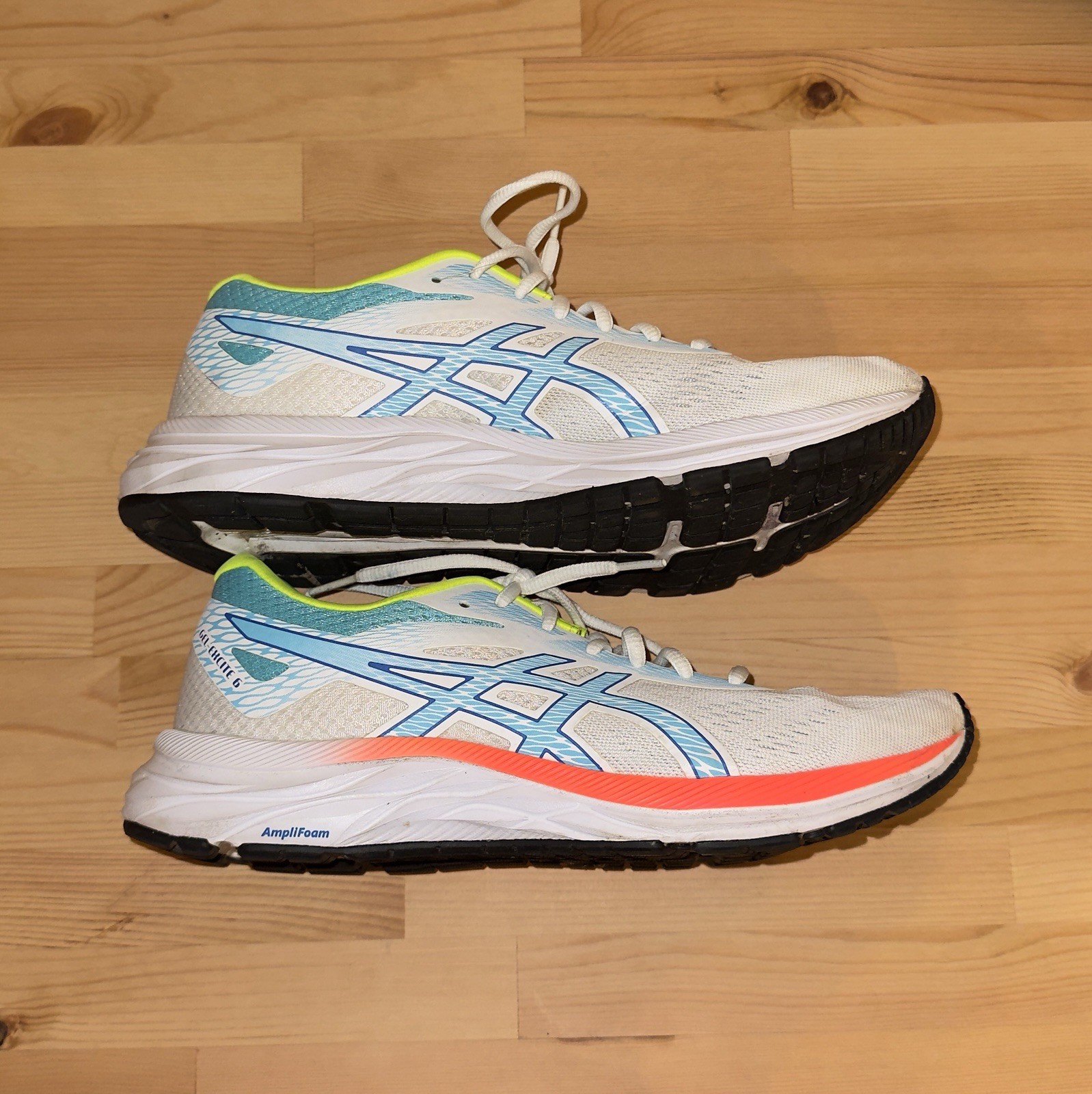 Asics Gel Excite-6 RunningShoes Size 10 White Blue Neon Yellow Athletic Sneaker