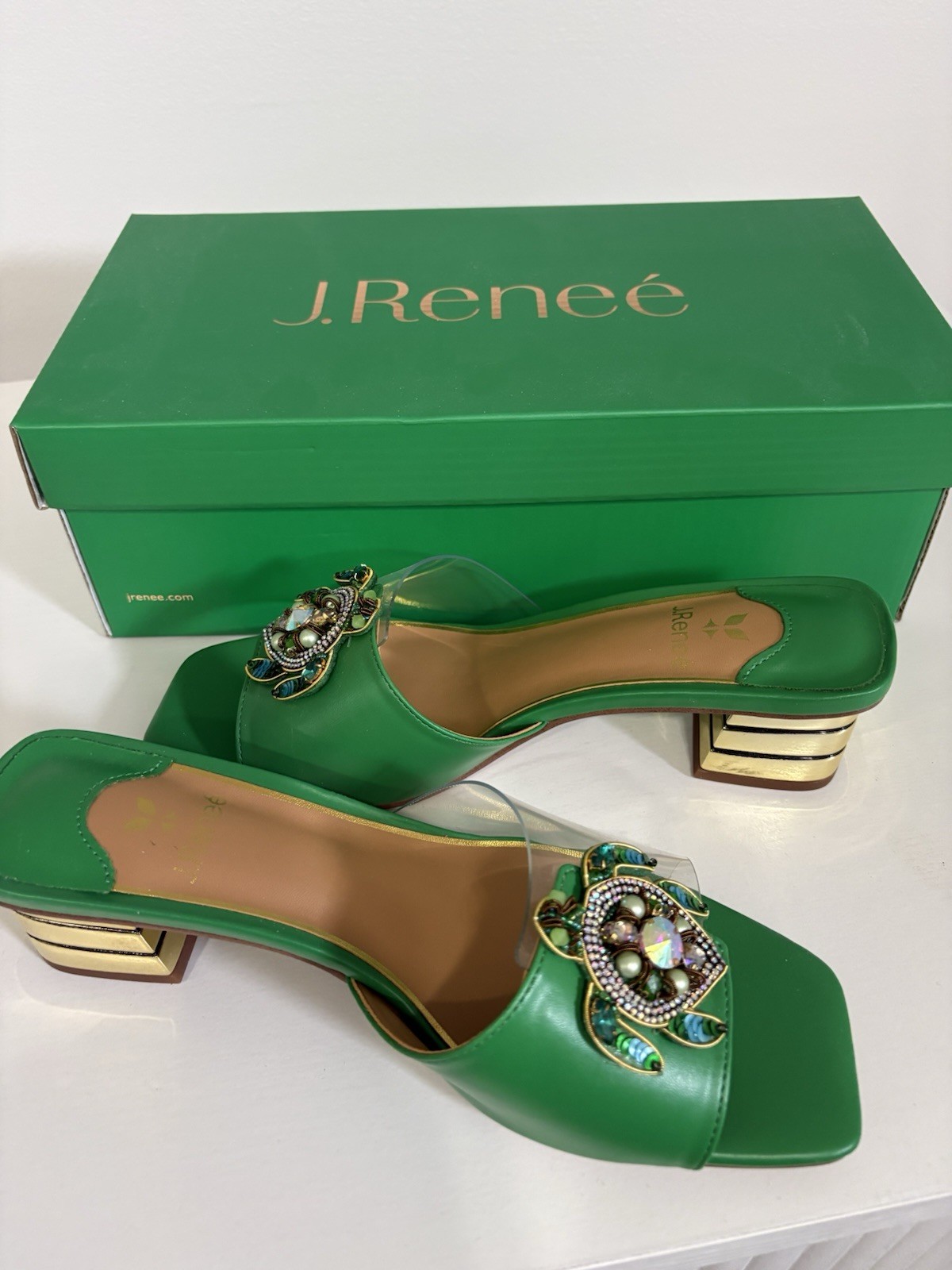 J. Renee Women’s Green Square Toe Slip-On Mule Block Heels Beaded 7.5M