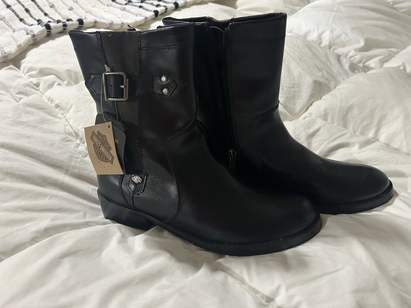 Harley-Davidson Women’s Black Leather Ankle Bootie Round Toe Zip Buckle 8.5