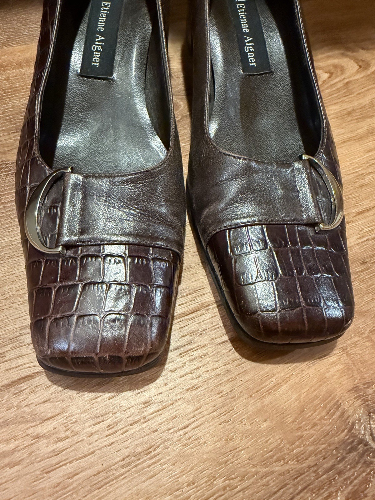 Etienne Aigner Brown Croc Embossed Square Toe Buckle Pump Heels 7.5 M