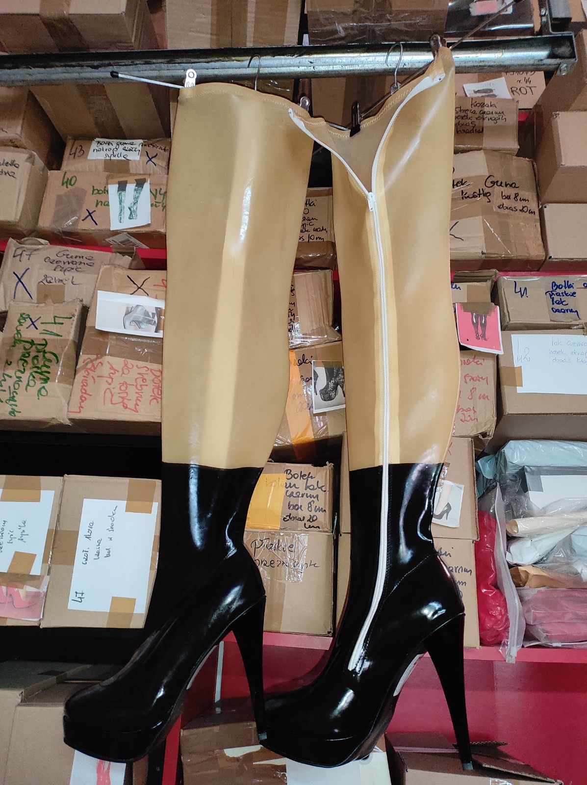 Promotion Lateks Rubber Boots Over The Knee Black Clear Heel 13cm Platform 2cm