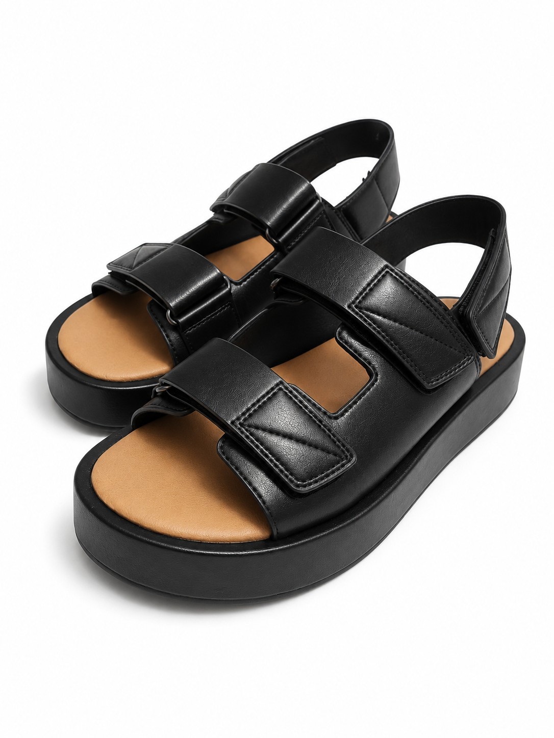 Triple Strap Black Platform Sandals Adjustable Womens Size 5 Comfort Casual NIB