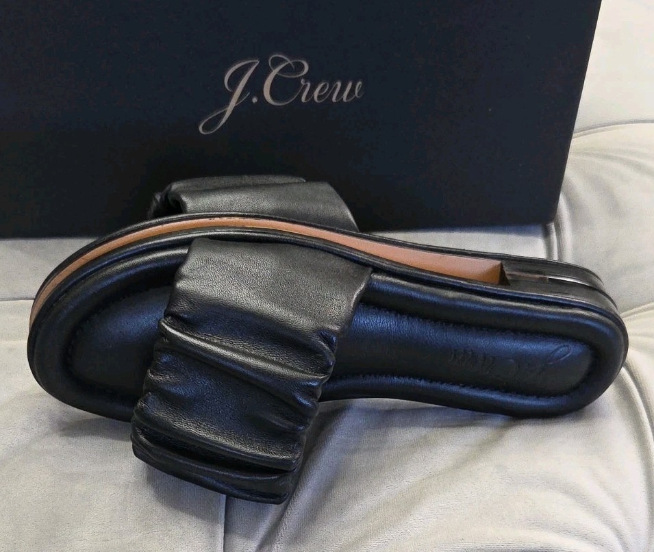J Crew Single Scrunch Strap Delta Sandal Black Leather Womens Shoes 5 New In Box