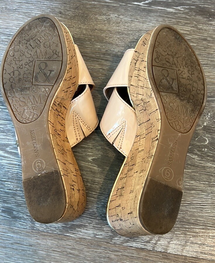 Sam & Libby Wedge Sandals Tan Gold Womens Size 6