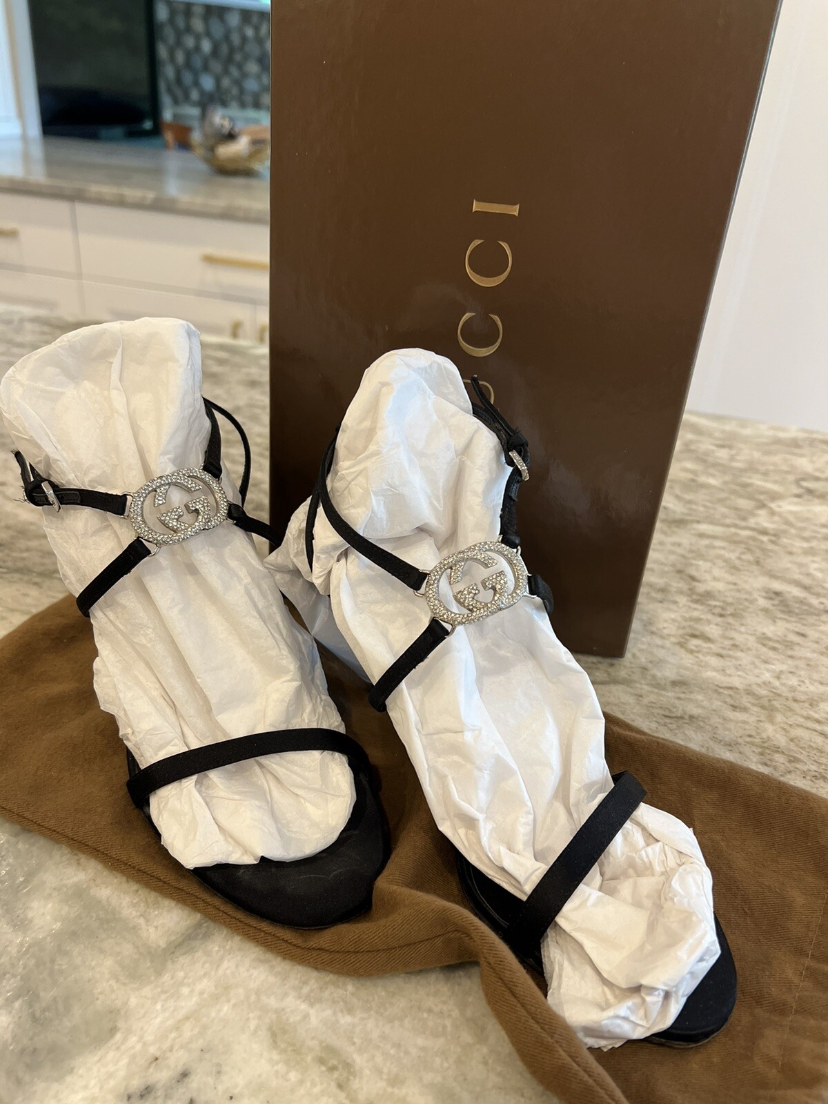 Authentic Gucci Sandals, Crystal GG logo, Black Satin, Size 36.5, Gorgeous!