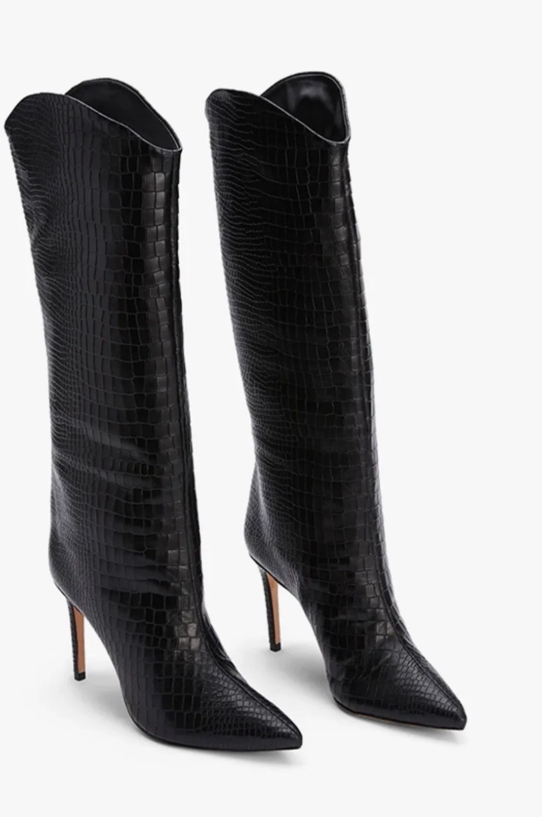 Schutz Maryana Black Croc Embossed Leather Boots Women’s Size 8.5 Block Heel