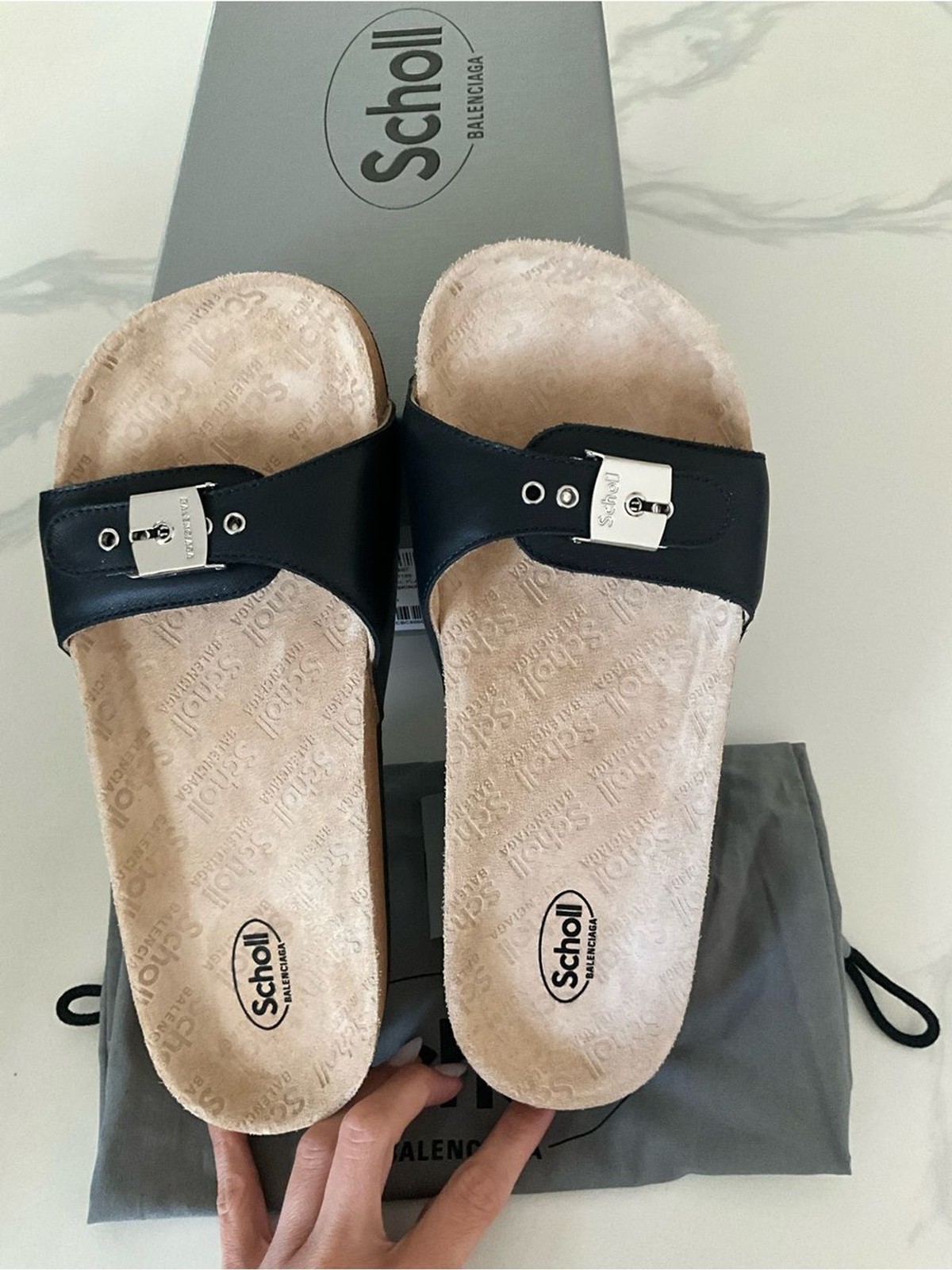 Balenciaga x Scholl Flat Slide Sandals Black Silver Leather EU 38 / US 8 NIB