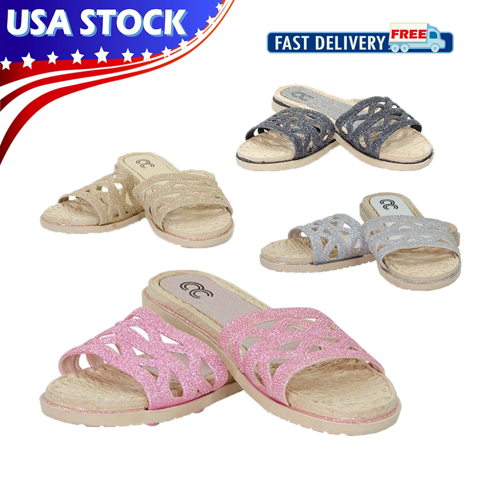 Women’s Summer Sandals Glitter Flat Slipper Slides Slip-On Sequin Beach Shoes