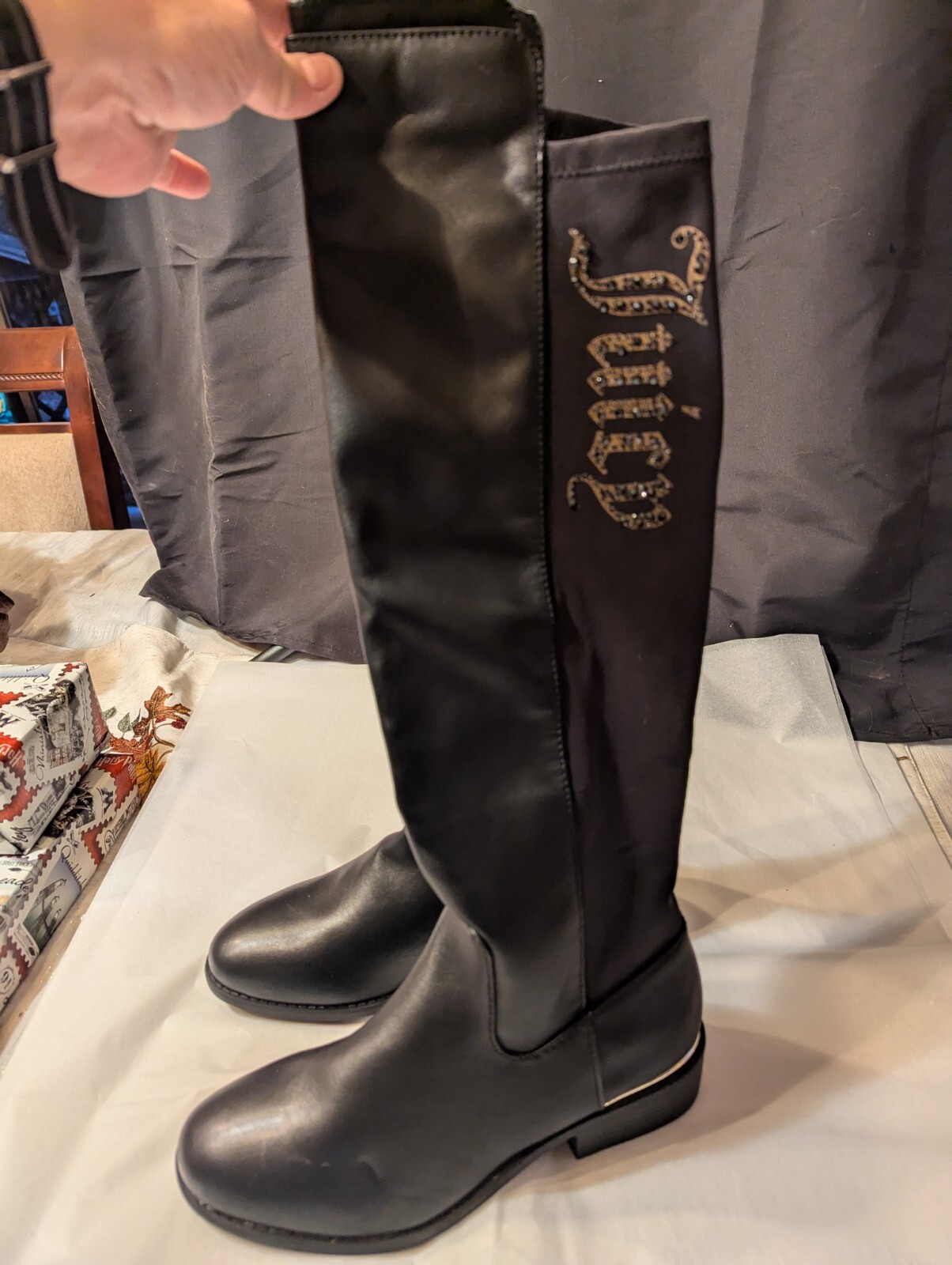 Juicy Couture Women’s 7M In Lack Posse Low Heel Stretch Beaded Logo Boots NWT