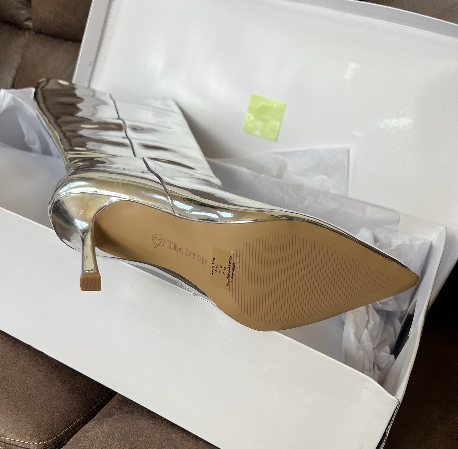 Mirror Silver Knee High 3.6” Stiletto Heel NIB, The Drop Size 10