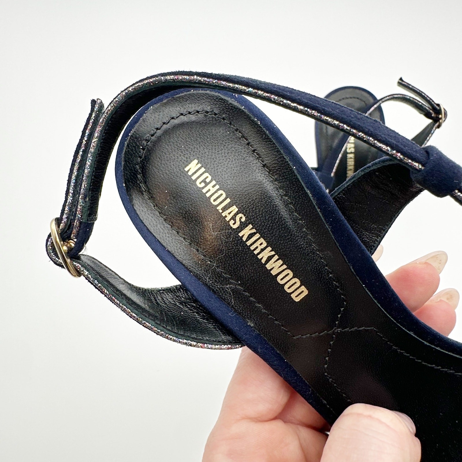 Nicholas Kirkwood Sandals Heels Navy Blue Suede Slingback Glitter Trim PVC 36