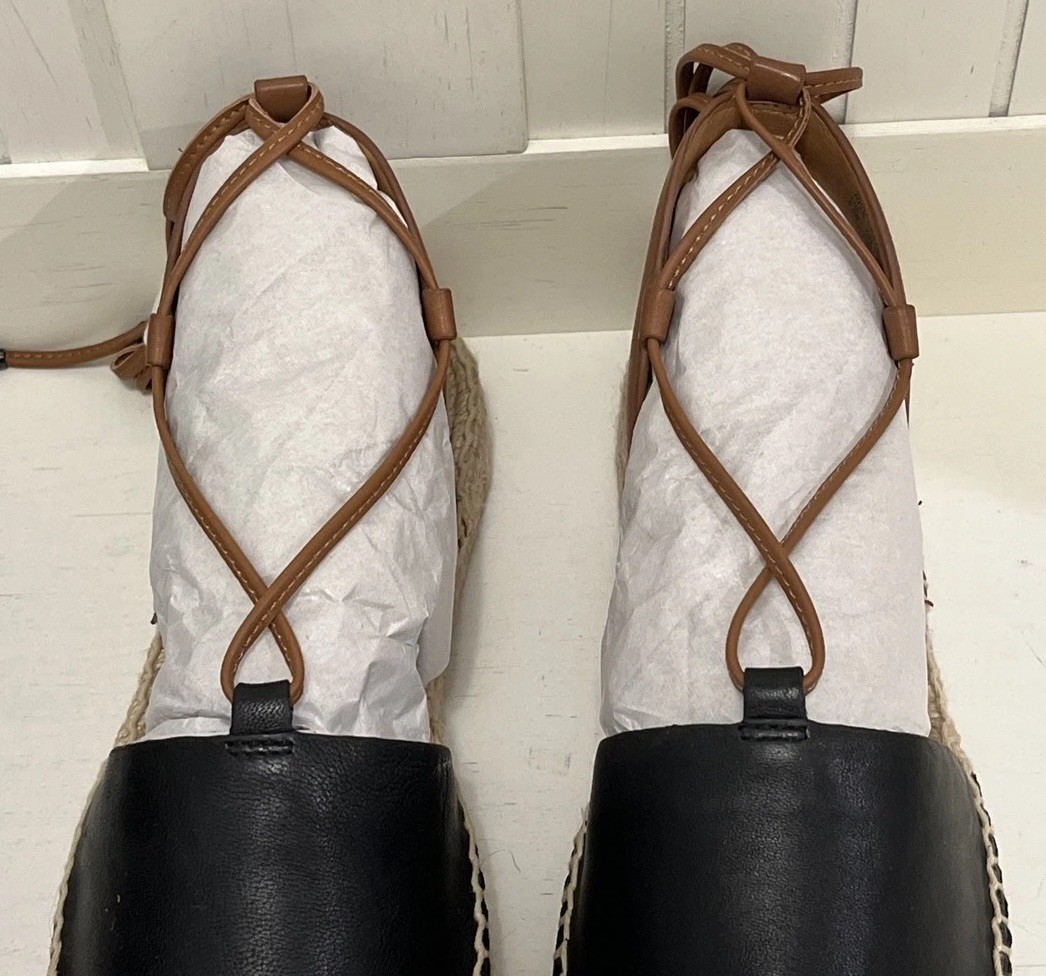 Coach Rita Espadrille Sandals Size 5.5M Black Leather LaceUp Flat Shoes NiB