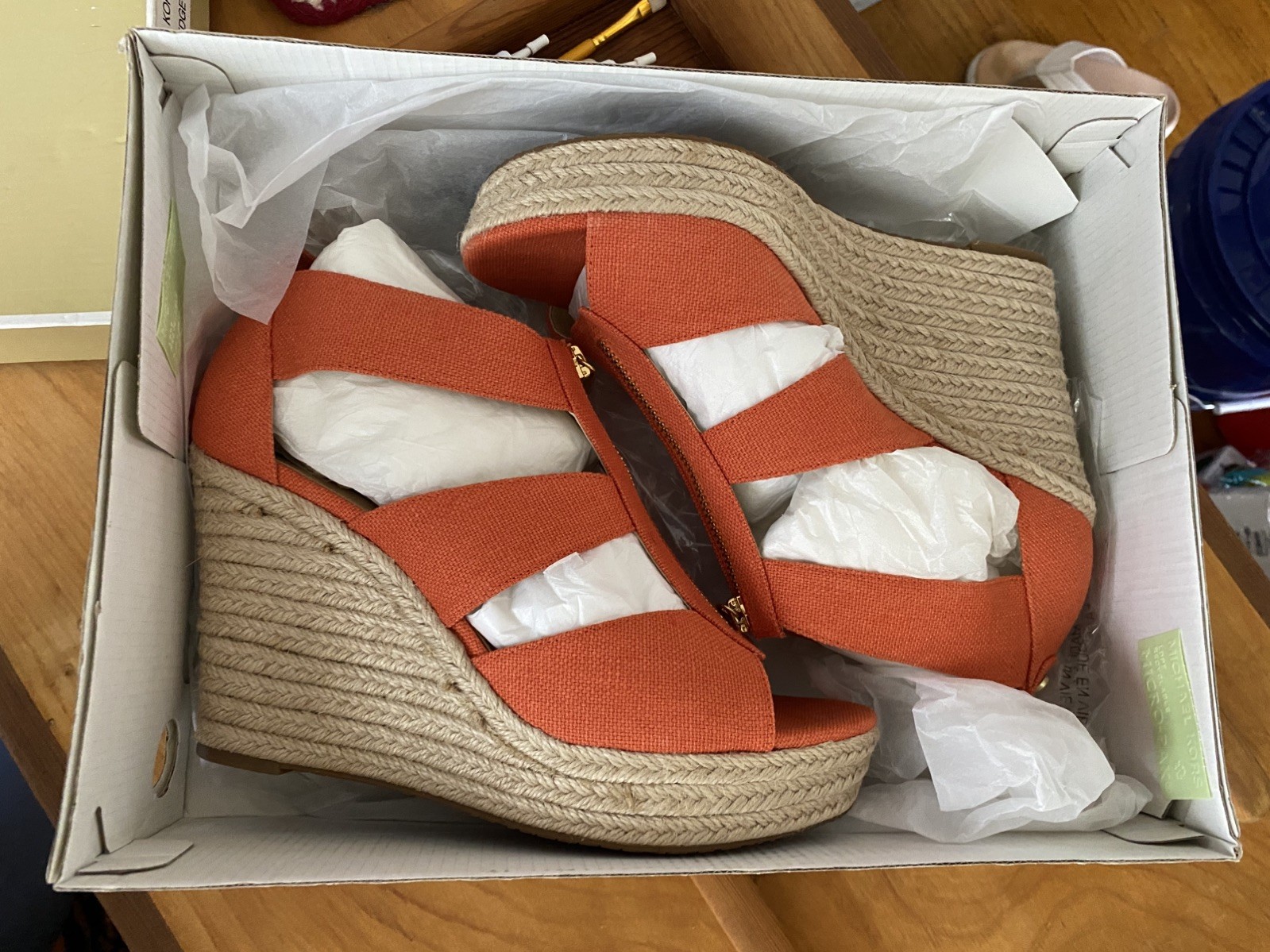 New Michael Kors Damita Espadrille Wedge Sandal platform zip Tangerine & Gold