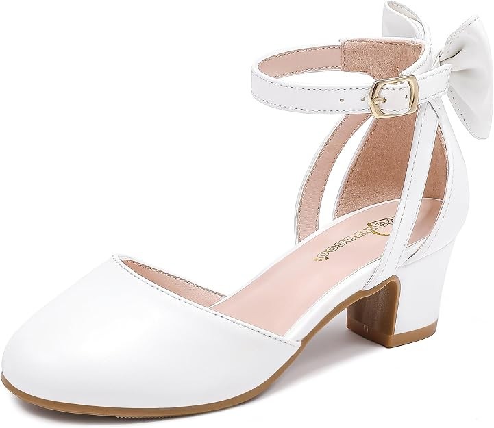 Girls Heels Dress Shoes Flower Girl Pumps w/ Cute Bow Closed Toe High Heels
