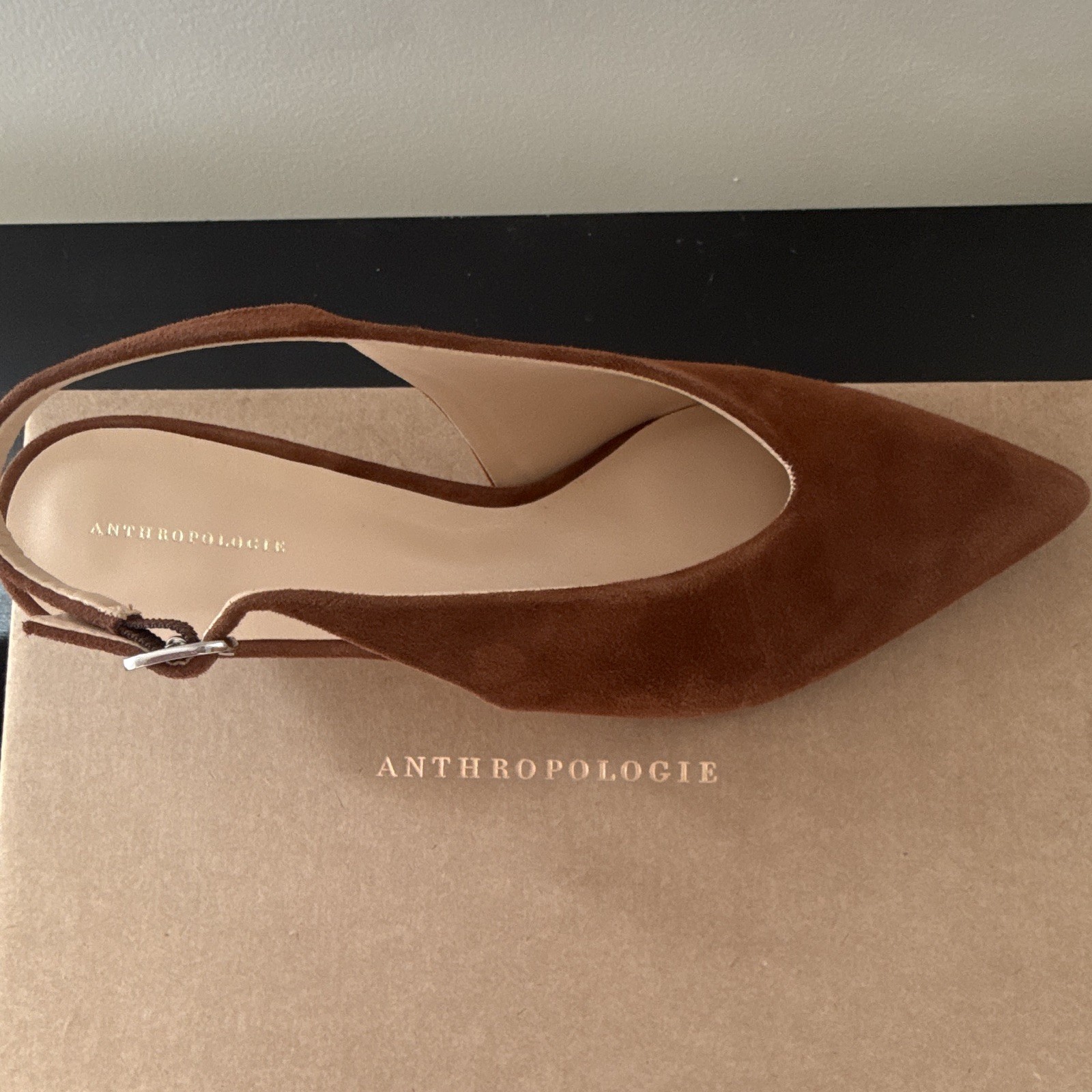 Anthropologie Brown Suede Pointed Toe Slingback Buckle Heels 6.5W