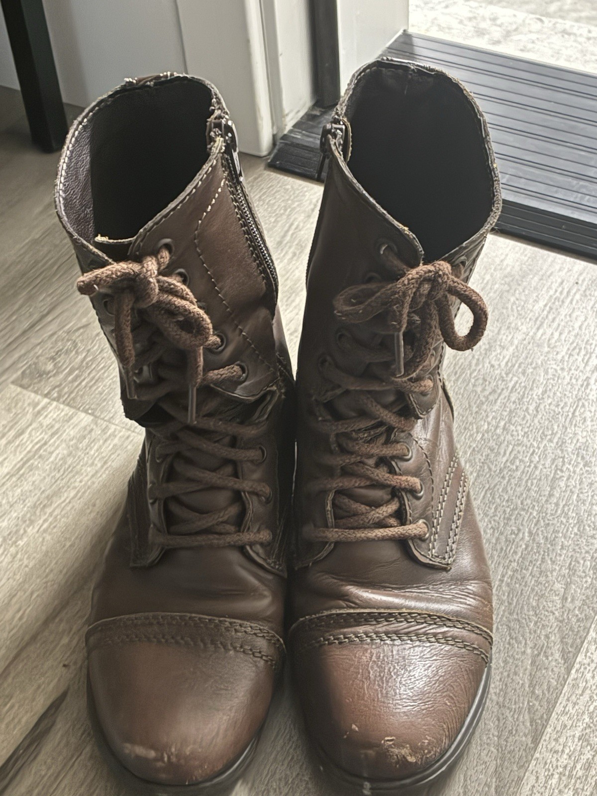 Steve Madden Troopa Mahogany Brown Leather Zip Lace Combat Fashion Boots Sz 7 M
