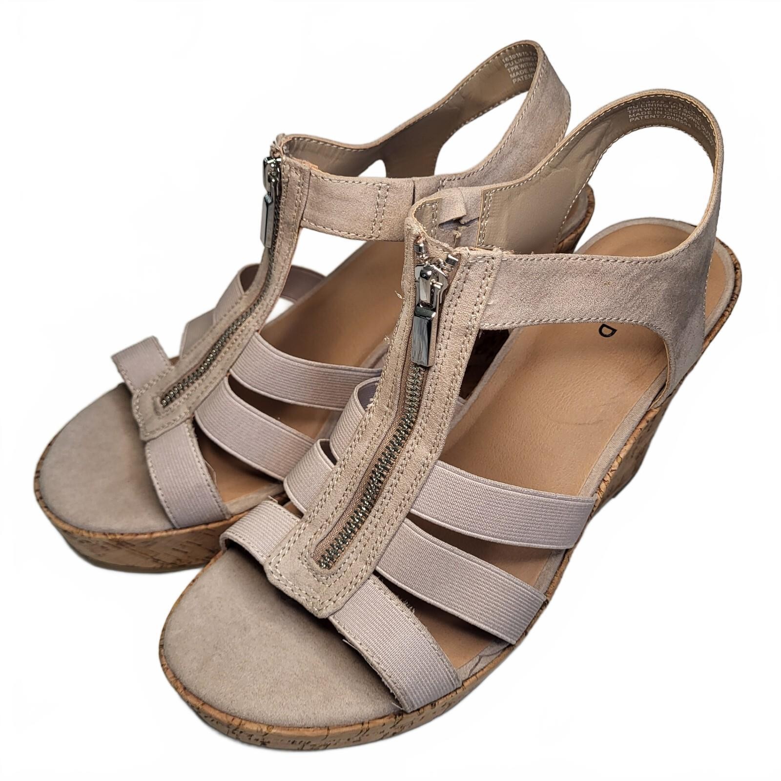 Torrid Beige Wedge Sandals with Front Zipper and Cork Heel, Size 10.5WW