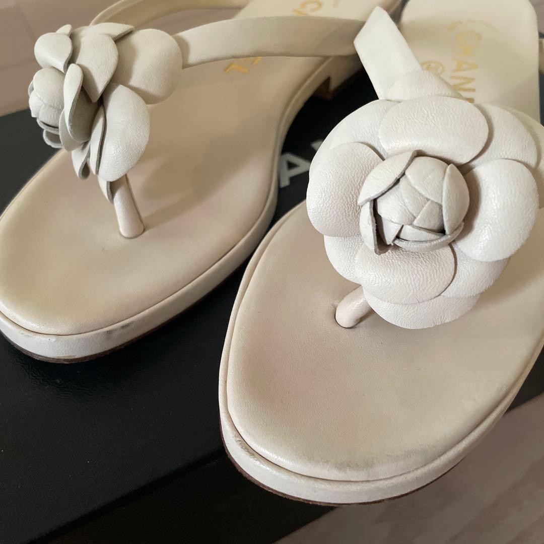 CHANEL Sandals Shoes Camellia EU 36.5 US 6.5 Off White Authentic