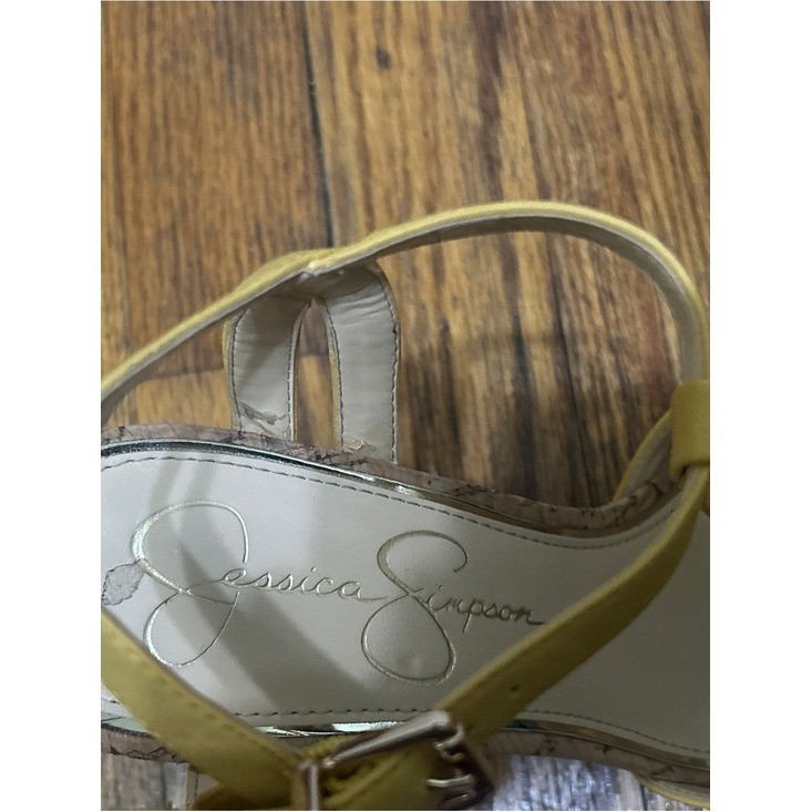 Jessica Simpson Yellow Crisscross T-Strap Cork Wedges Ankle Buckle Size 8