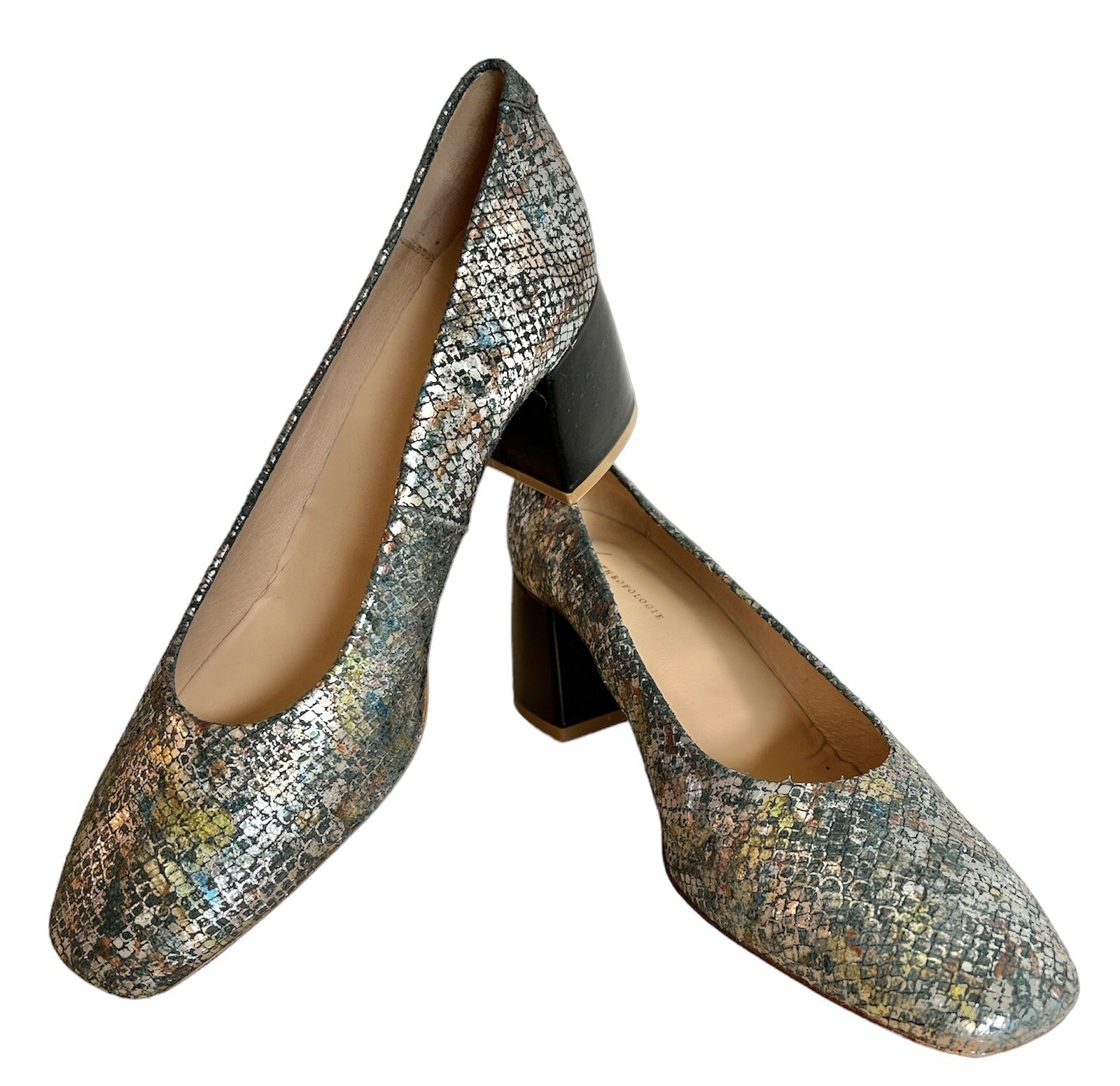 NEW ANTHROPOLOGIE Metallic Snakeskin Shoes Size 9 Chunk Heel Pumps $179