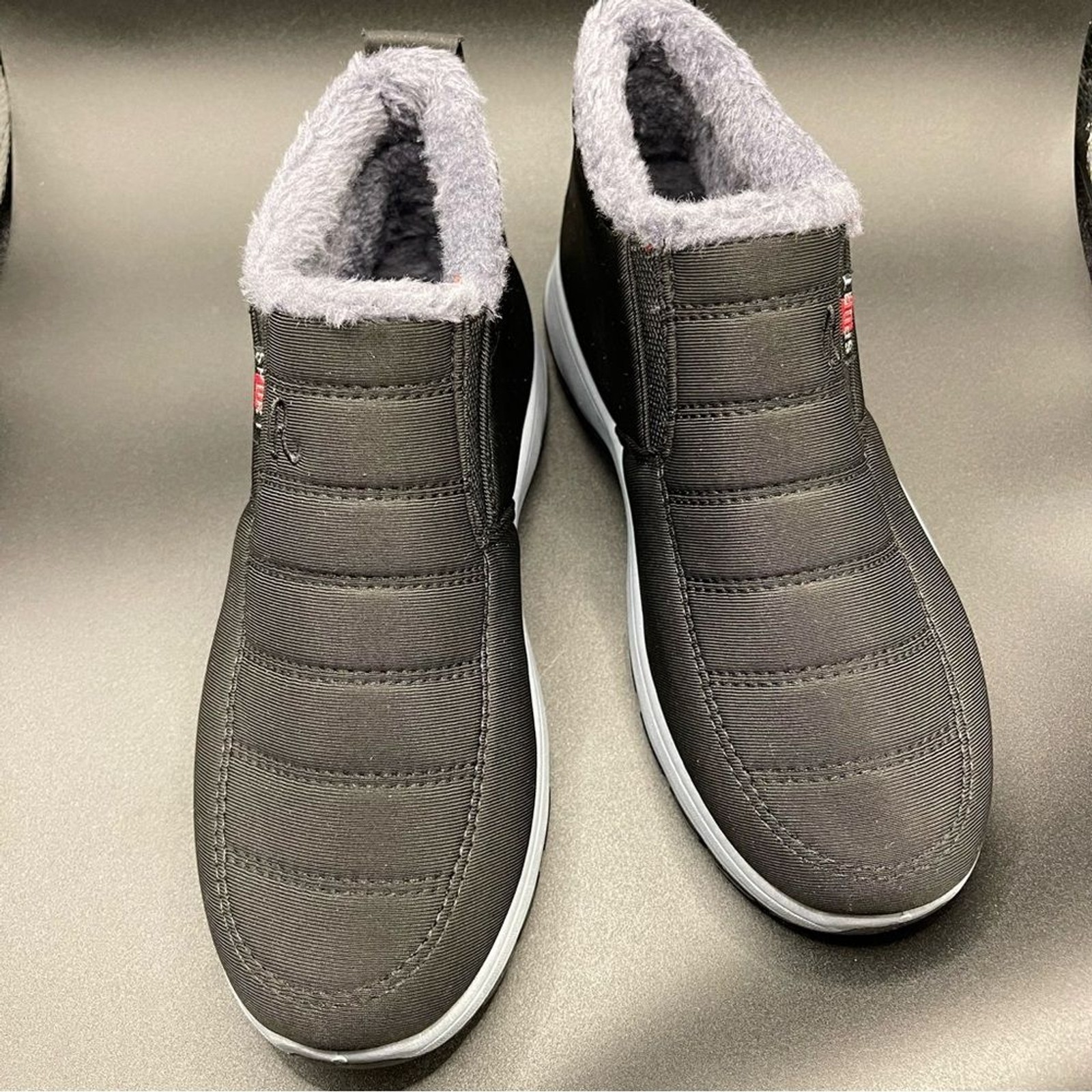 Black and Gray Quilted Slip-On Winter Boots