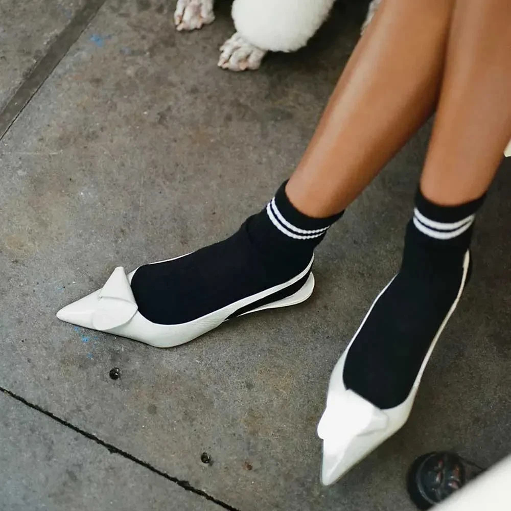 Elegant Pointy Toe Slingback Kitten Heel Pumps Shoes in White FSJ202407008B