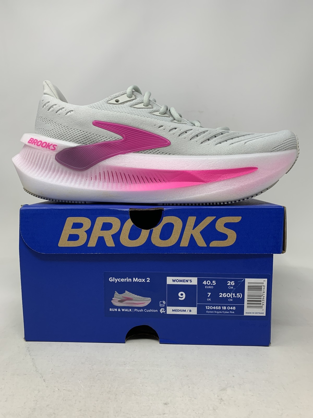 Women’s Brooks Glycerin Max 2, Oyster/Argyle/Cyber Pink, 9 B Medium US