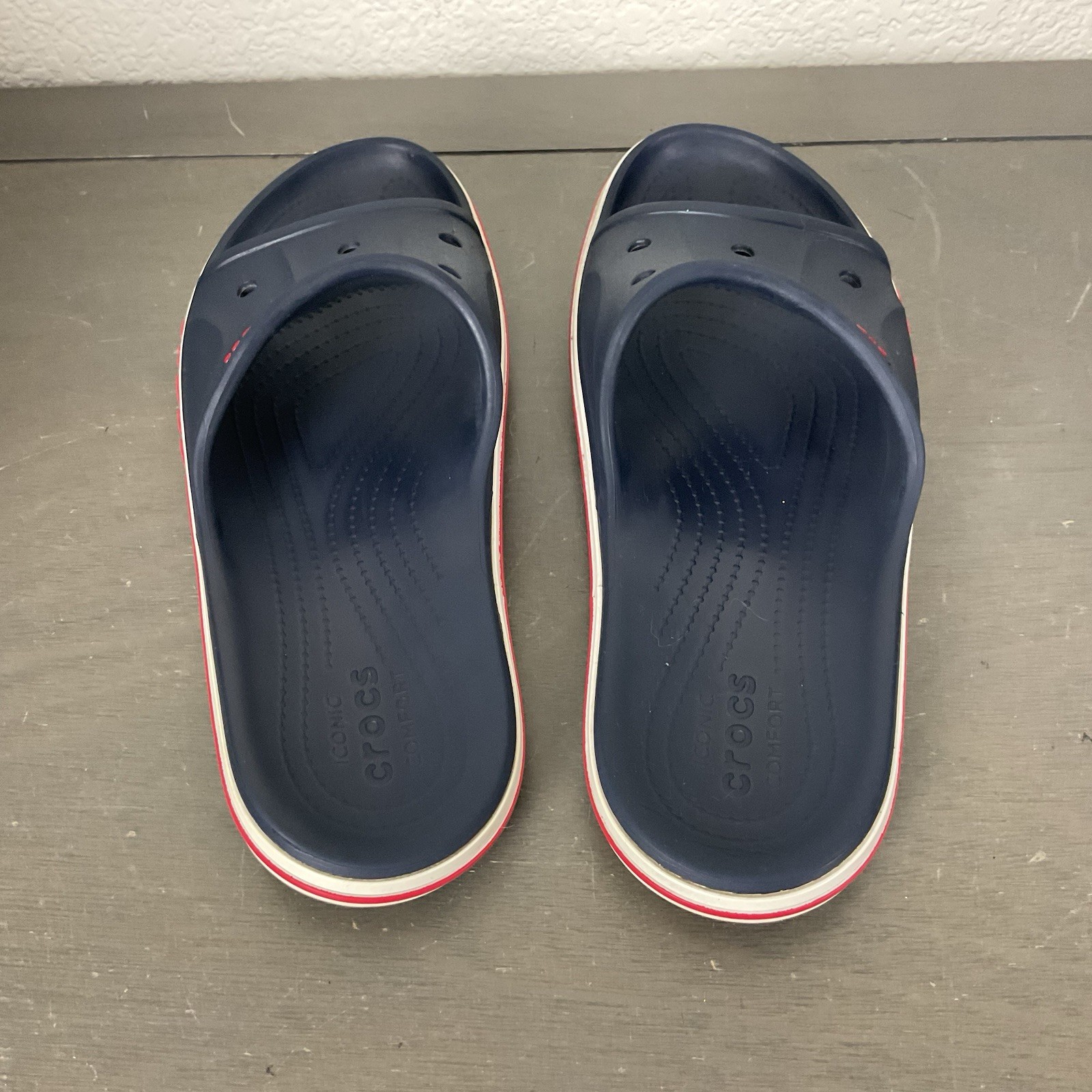 Crocs Slides Navy Blue With Red/White Bayaband Comfort Slip On Shoes US Sz 8/10