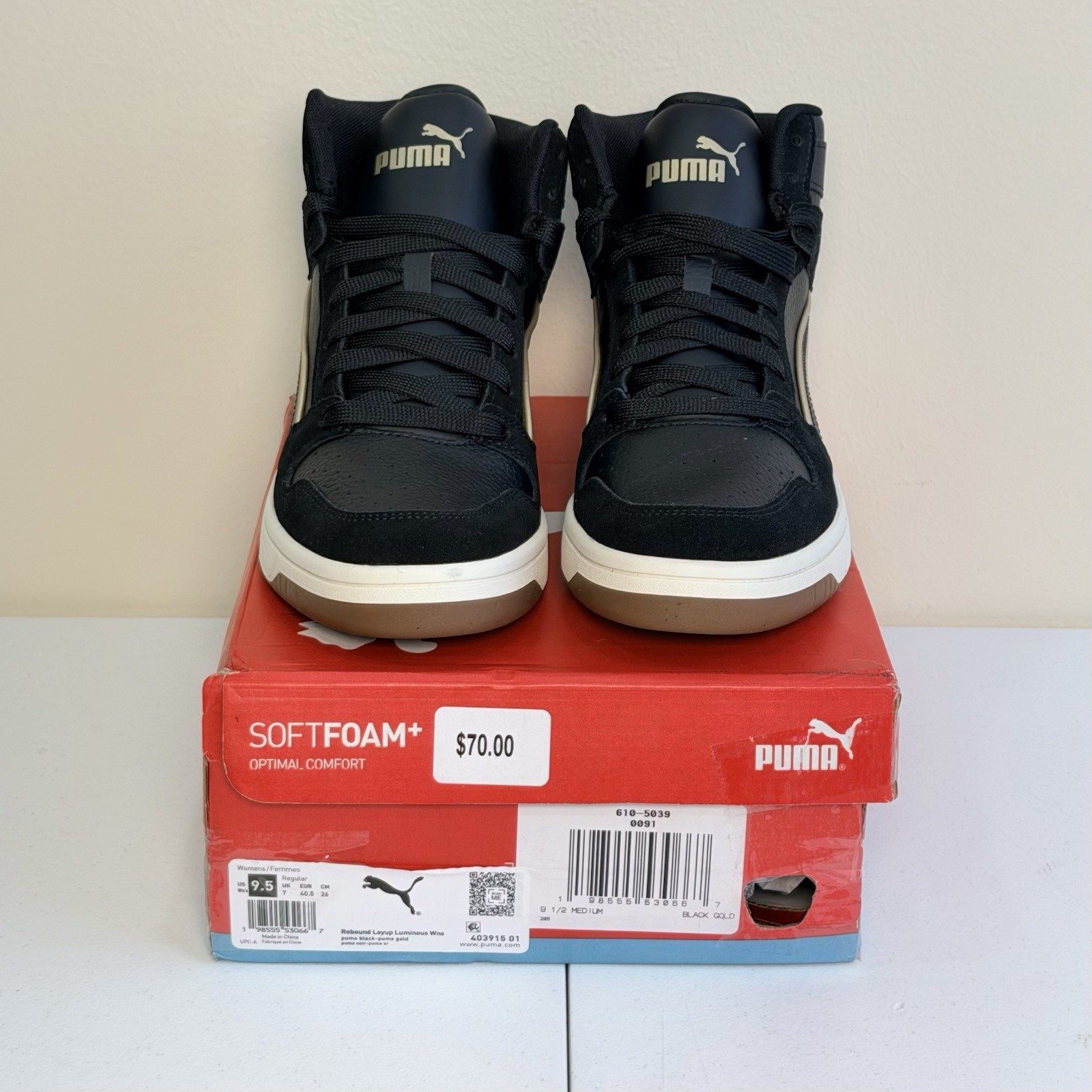 Puma Womens Size 9.5 Rebound Layup Luminous High Top Sneakers Black Gold Shoes