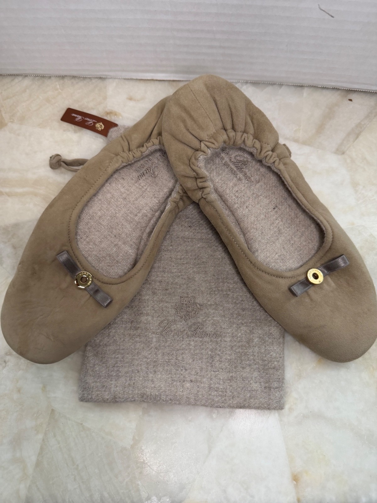 New Loro Piana Suede Ballerina Slippers 100% Cashmere Lined + Travel Pouch 38