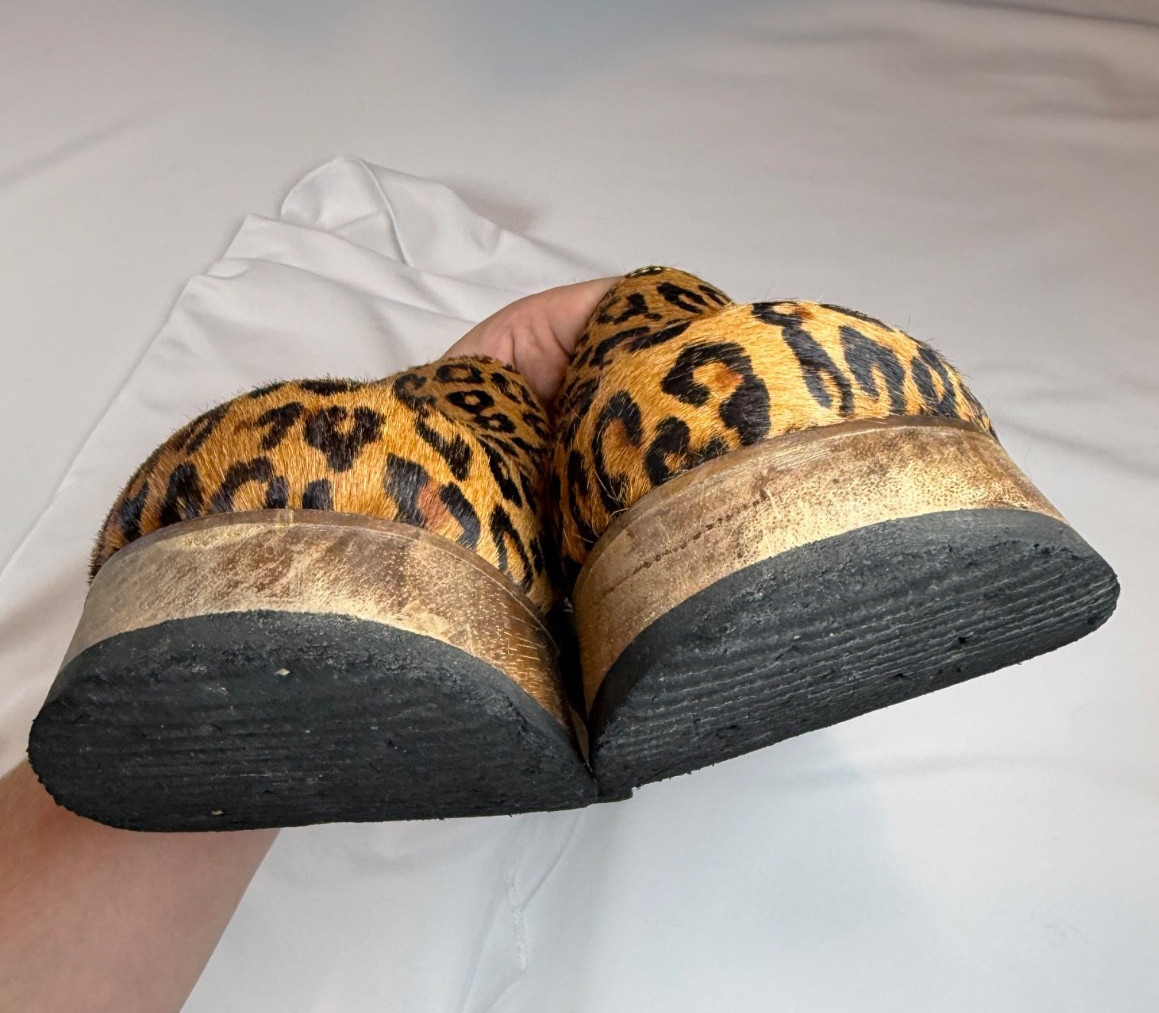Womens 9 Bongo Leopard Platform Clog Mules Wood Slip On Shoes Y2K Vintage Rare