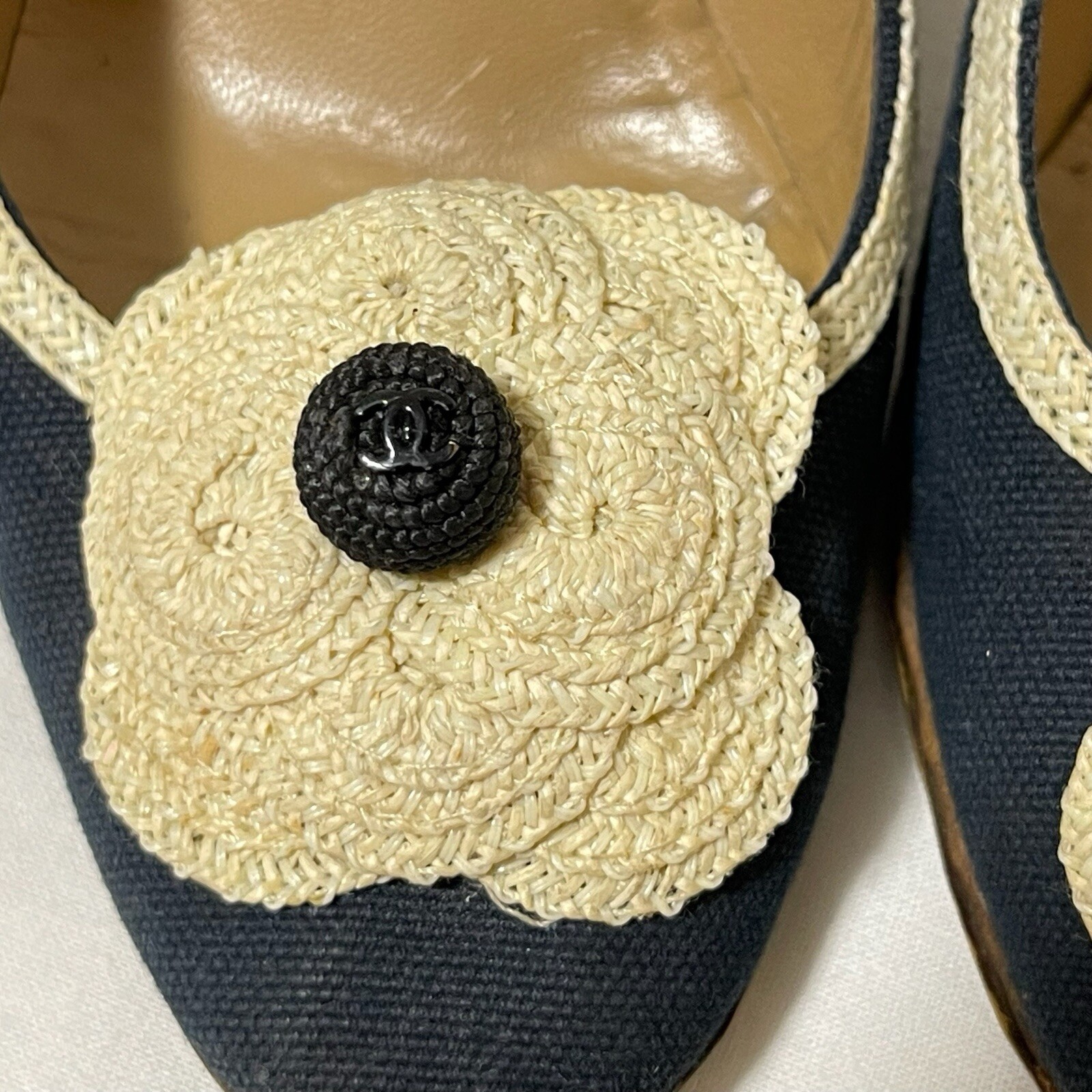 Chanel Camellia Heel Sandals Shoes Size 35 Navy Coco mark Pumps Auth Elegant CC