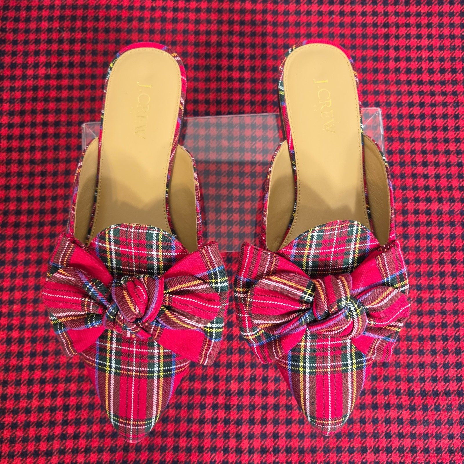 J.Crew Womens Red Tartan Plaid Bow Pointed Toe Christmas Mule Flats Size8 Plaid