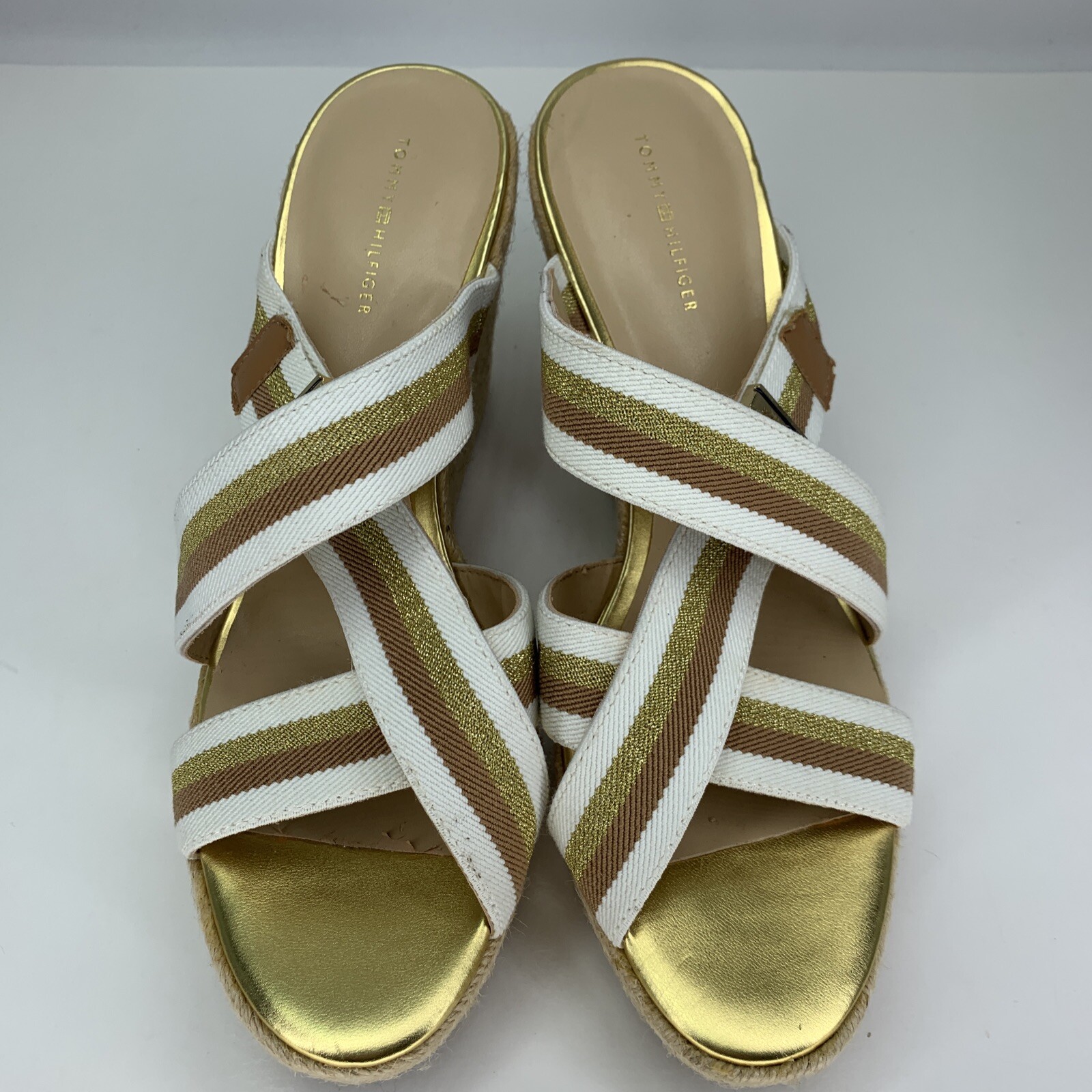 Tommy Hilfiger Sz 10 TWPARFAIT Espadrille White Gold Brown Strappy Wedge Sandals