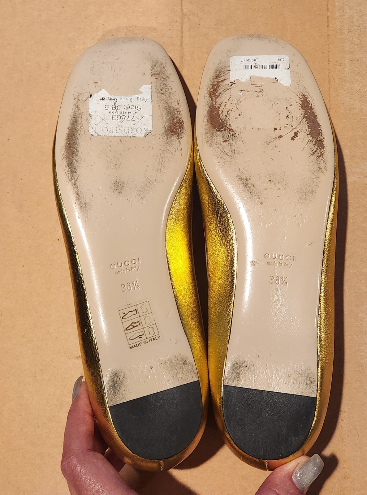 Gucci Yoko King Snake Leather Ballet Flats Shoes Square Toe in GOLD EU 38.5