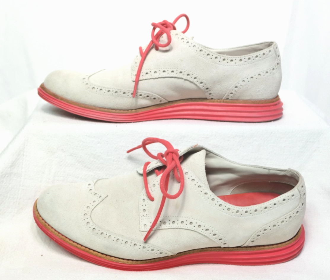 Cole Haan Lunargrand Wingtip Oxford Suede Shoes Womens 8B Gray Pink